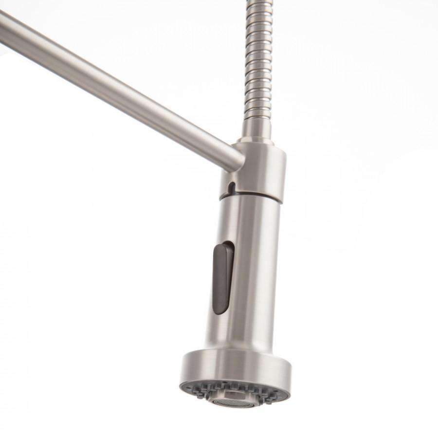 Brushed nickel kitchen faucet sprayer head with flexible hose connection.