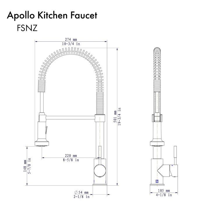 Chrome kitchen faucet dimensions diagram with coiled sprayer and base measurements