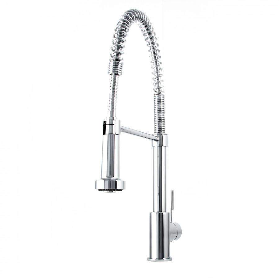 Chrome kitchen faucet with tall neck, coiled hose, and side control lever