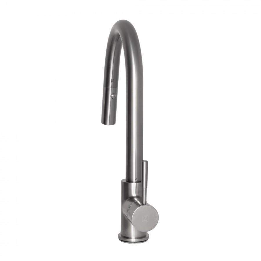 Brushed nickel kitchen faucet with tall arched spout and cylindrical base