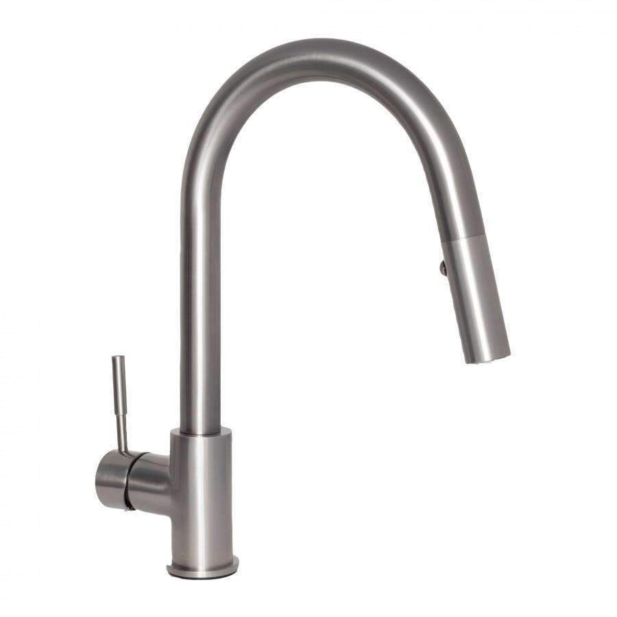 Brushed nickel kitchen faucet with tall arched spout and side control lever
