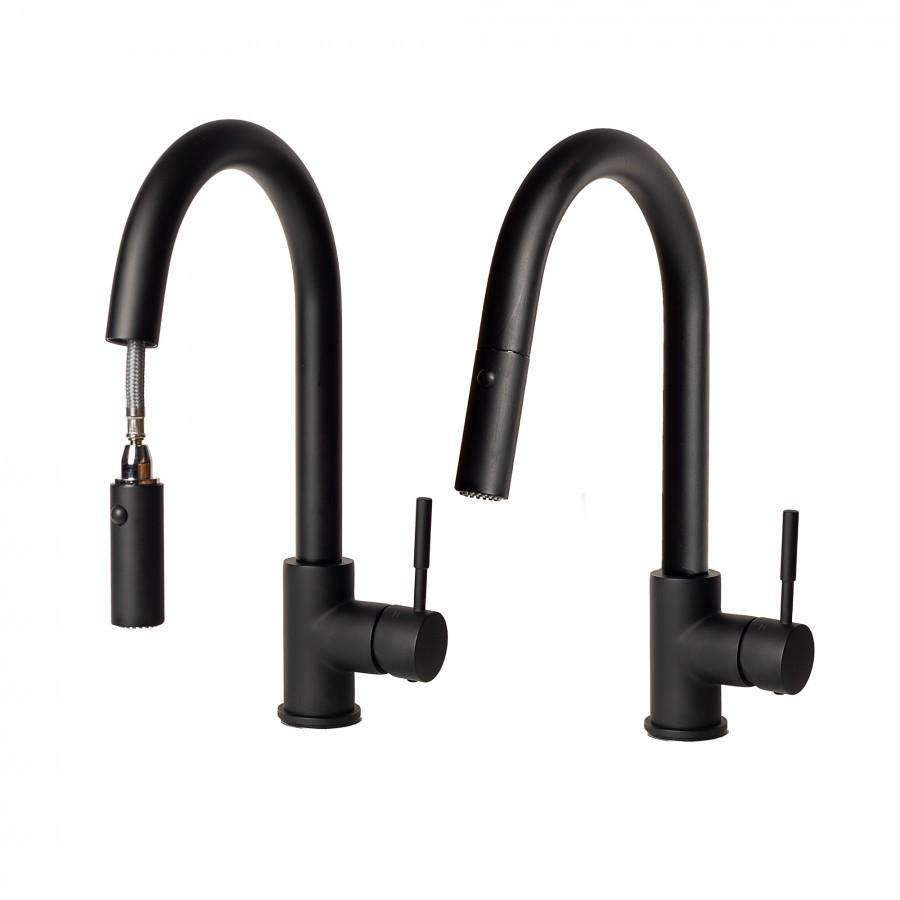 Matte black kitchen faucets shown side-by-side with arched spout and sprayer