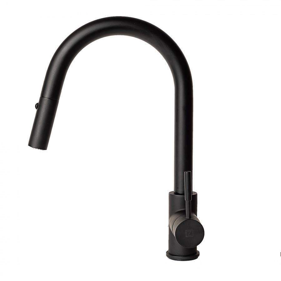 Matte black kitchen faucet with tall arched spout and round base escutcheon