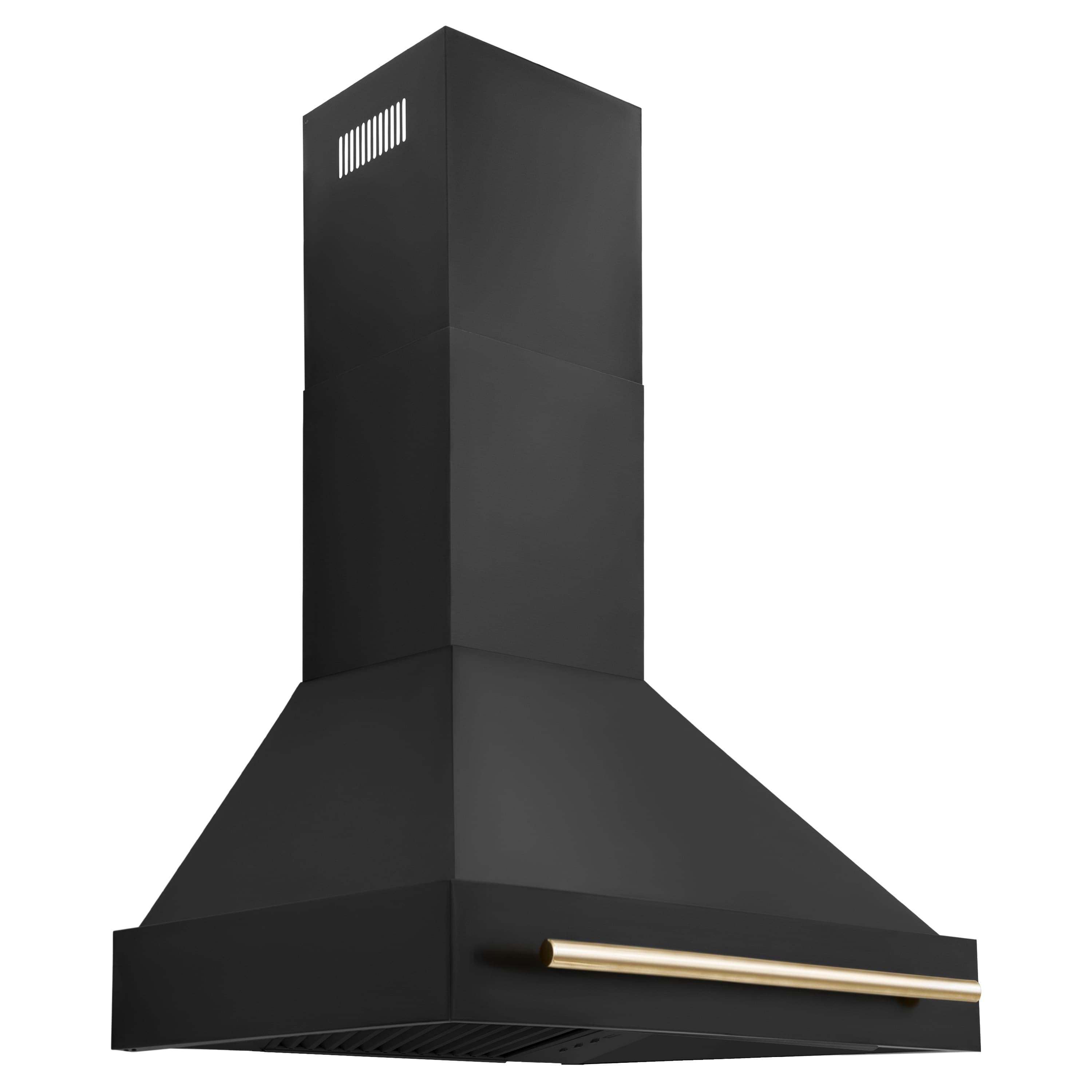 Black wall-mounted range hood with brass vent trim