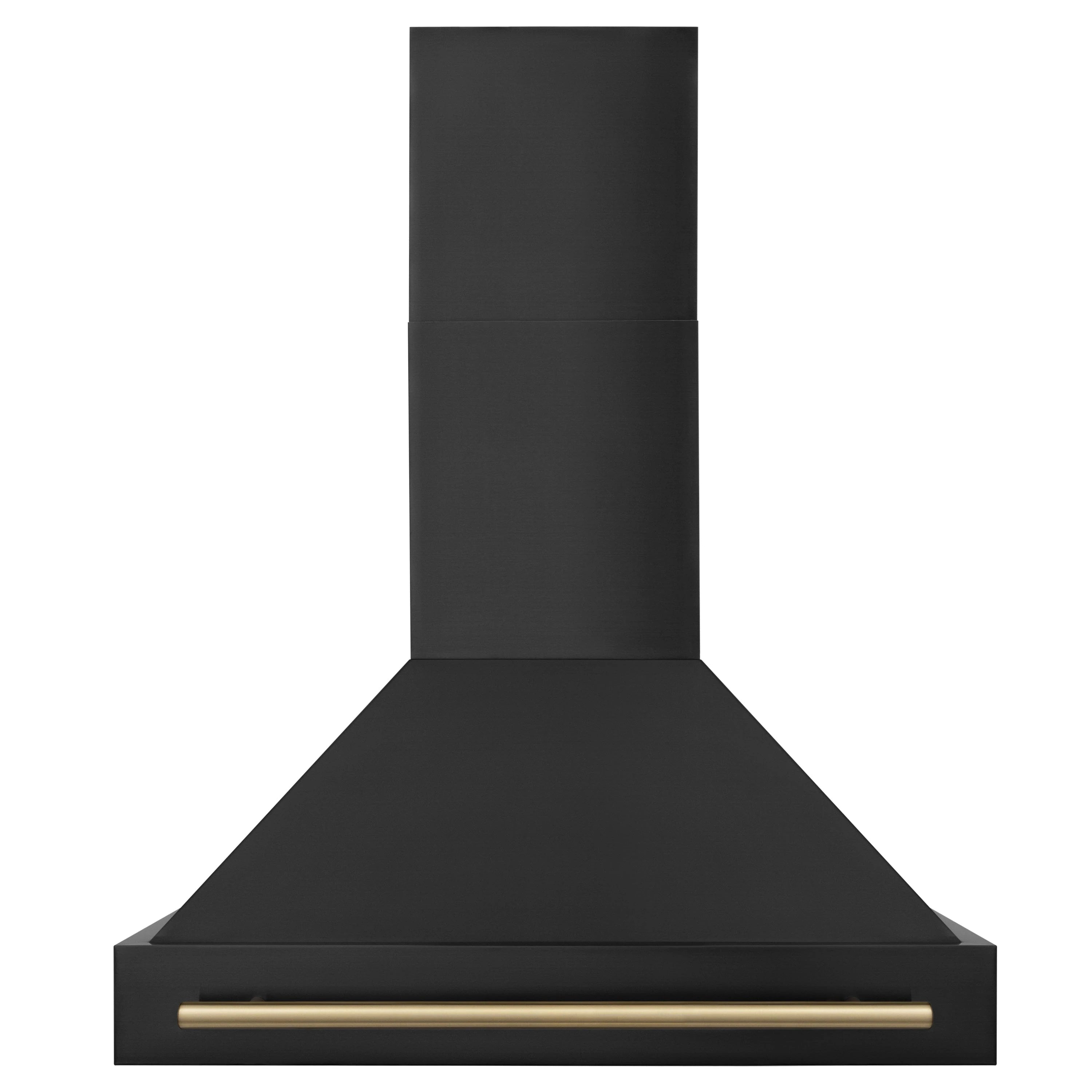 Black chimney range hood with front vent and gold-toned bar