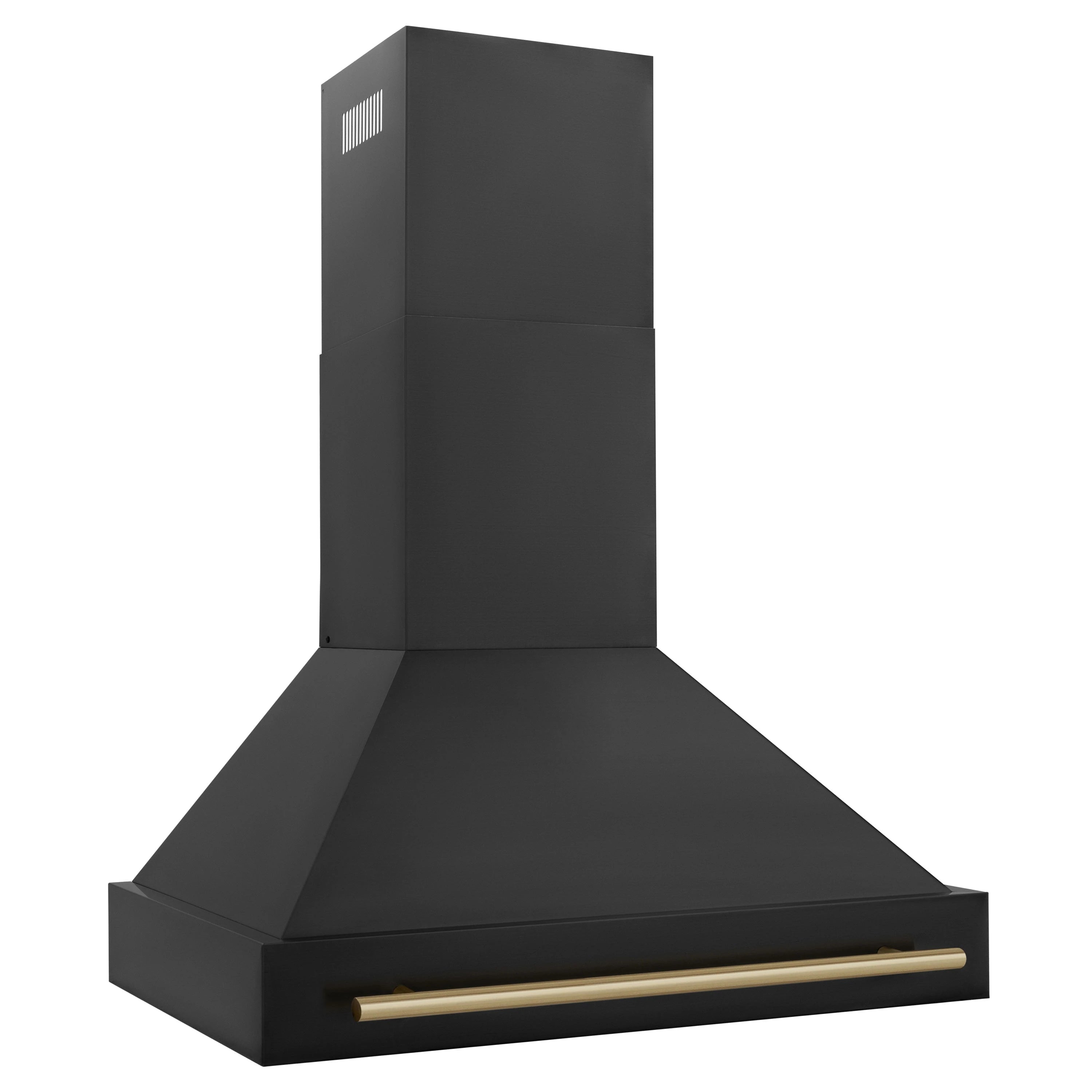 Black chimney range hood with gold-toned front filter bar