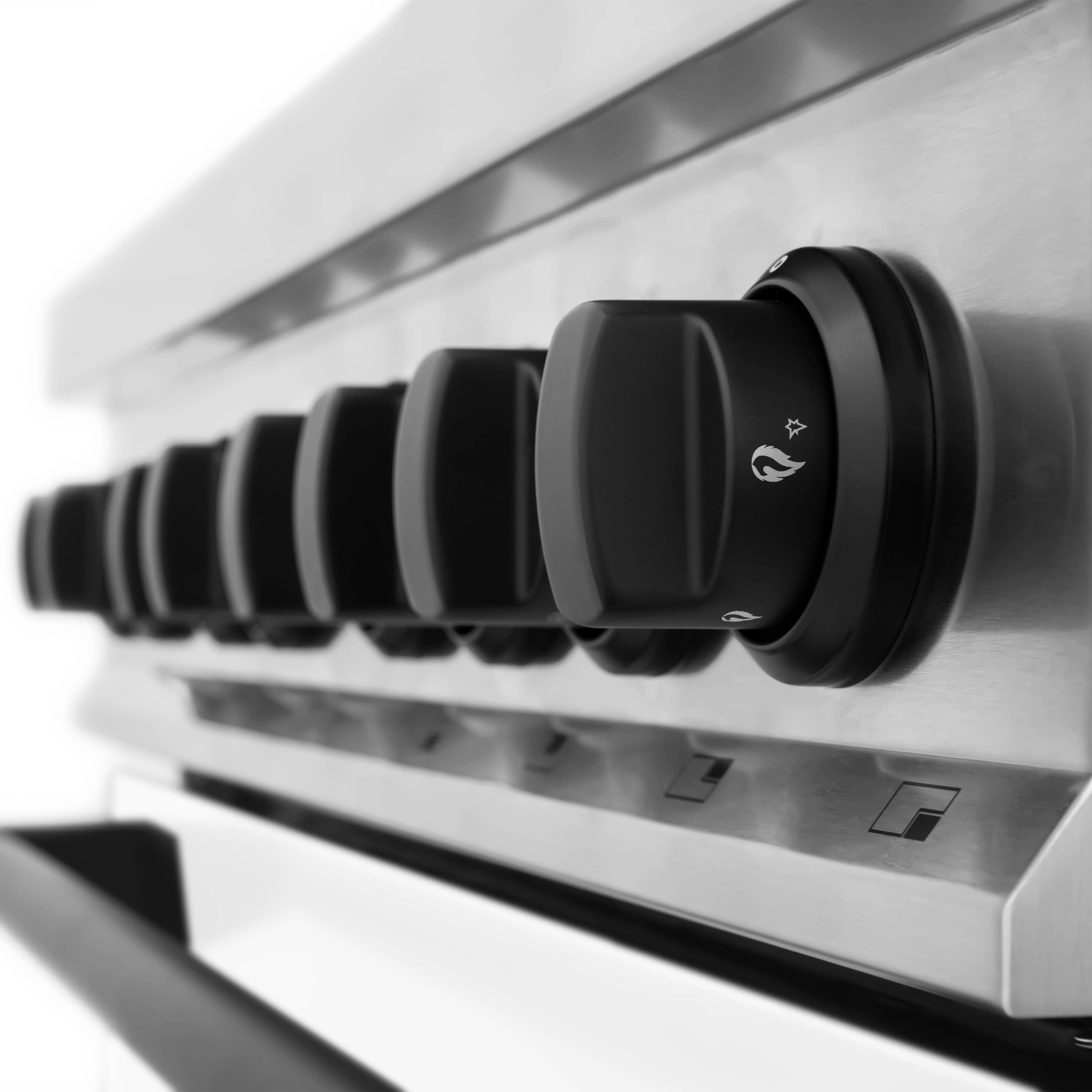 Stainless steel range hood vent with black fan-style control knob