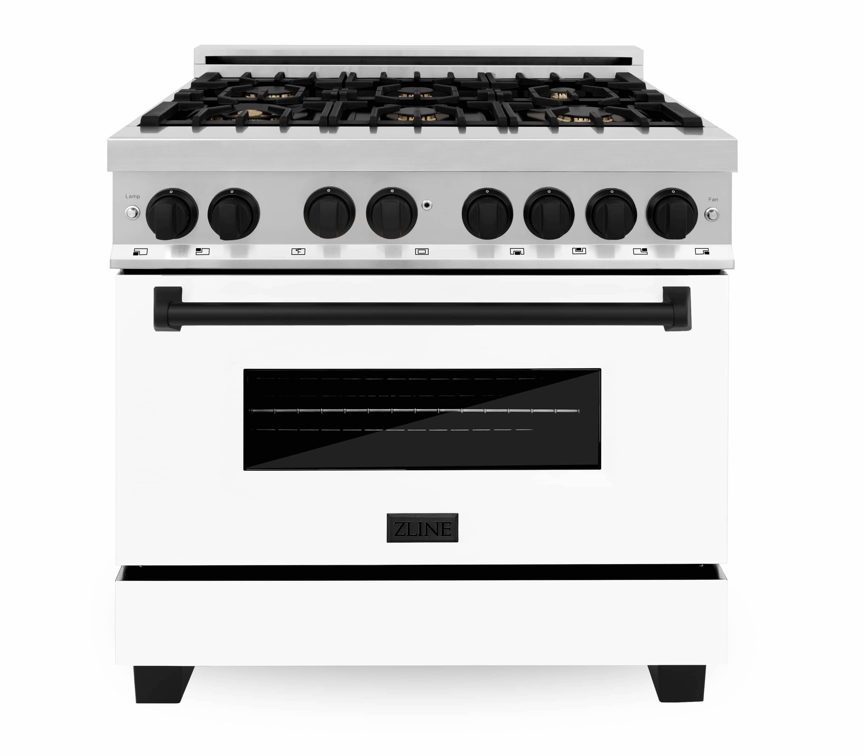 Stainless steel gas range with black burner grates, control knobs, and oven door