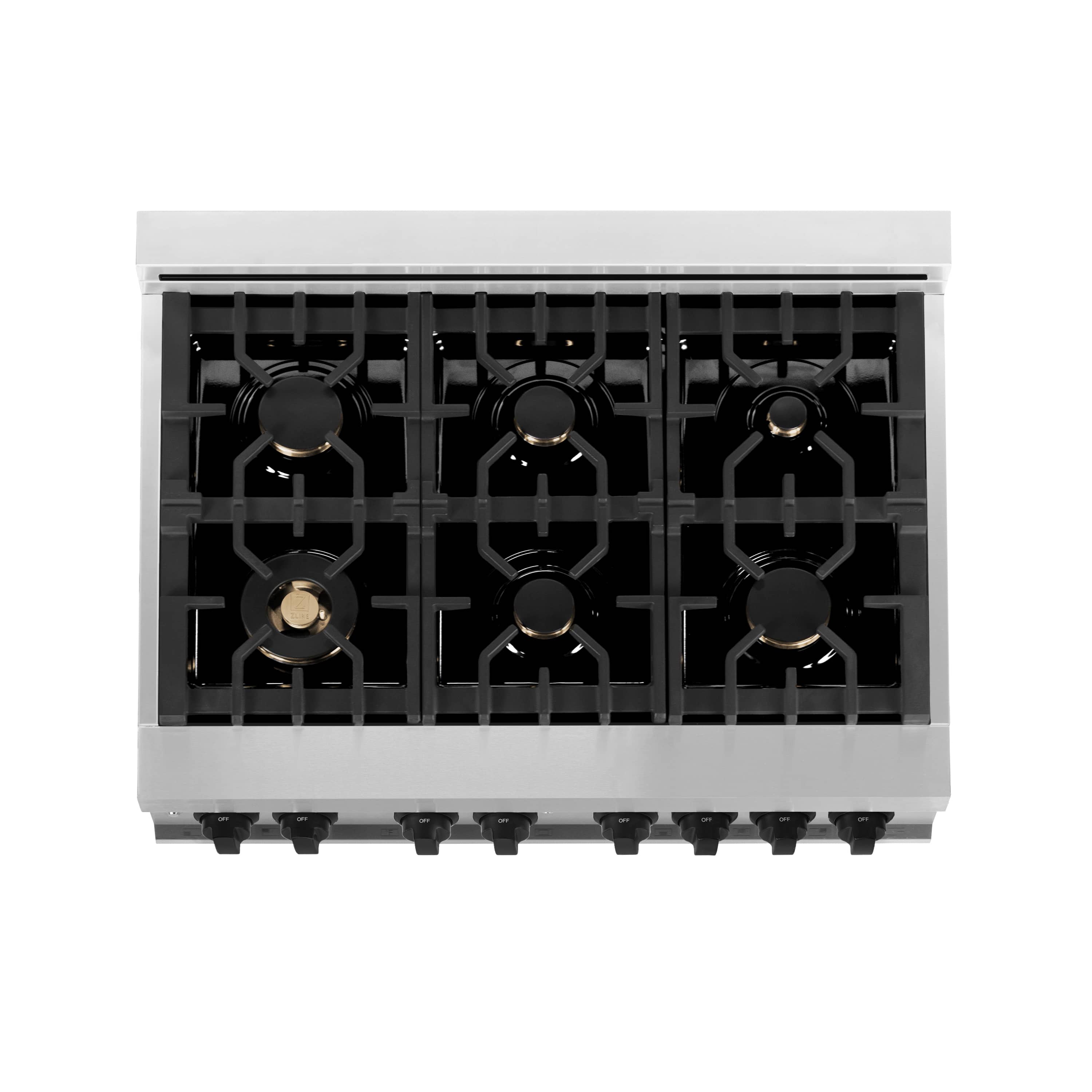 Stainless steel gas cooktop with six black burners and brass control knobs