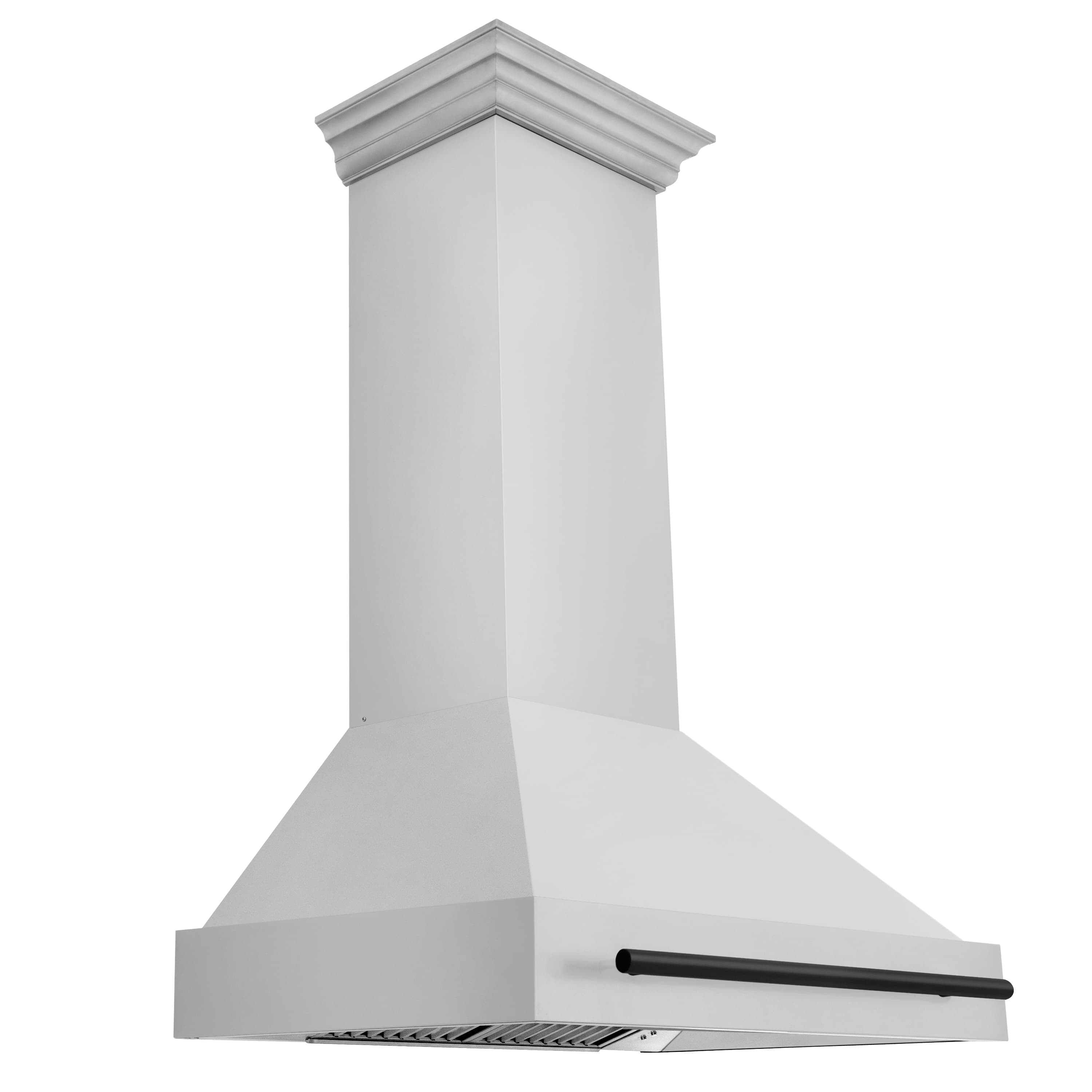 36-inch chimney-style range hood, white exterior with black vent baffle