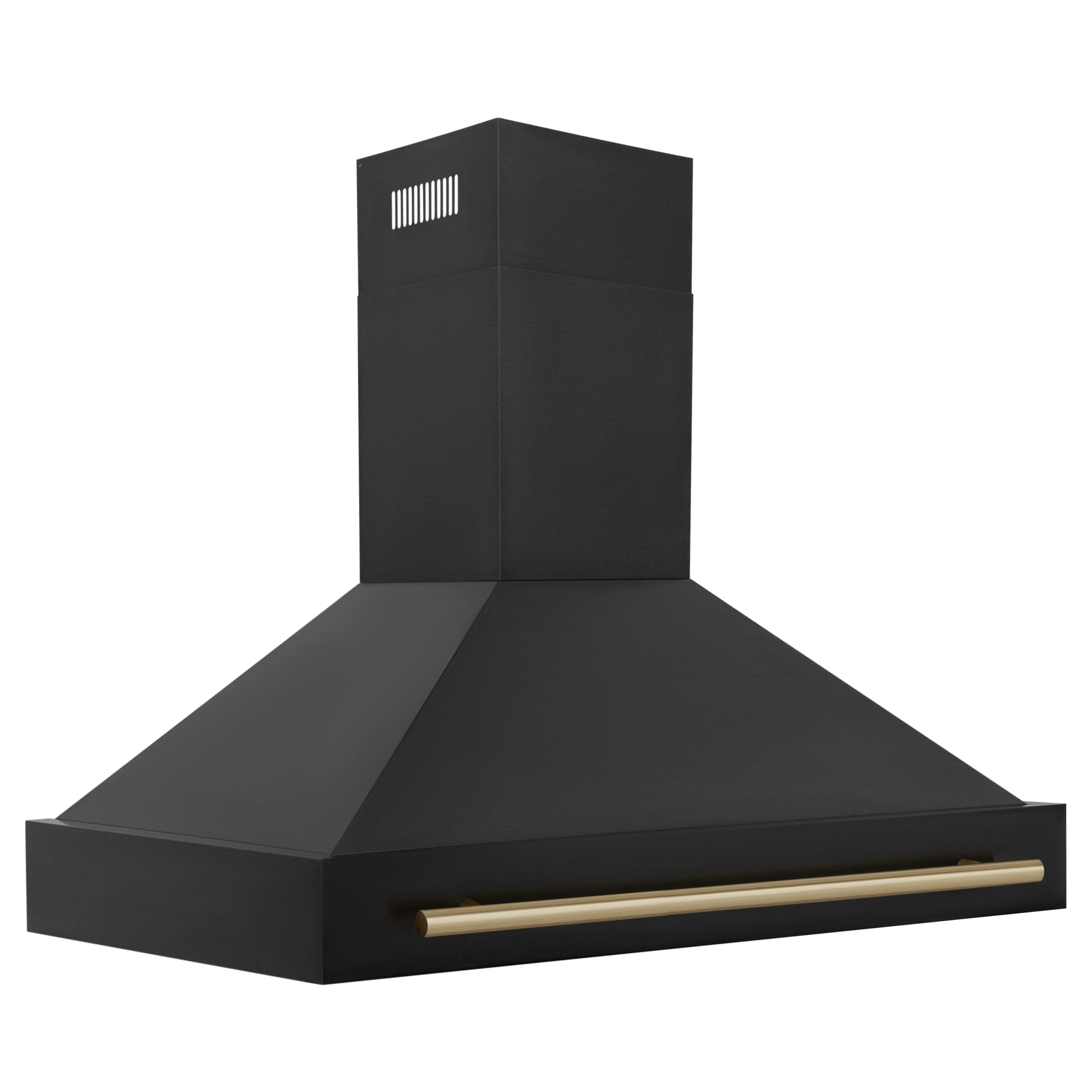 Black wall-mounted range hood with chimney and gold trim bar