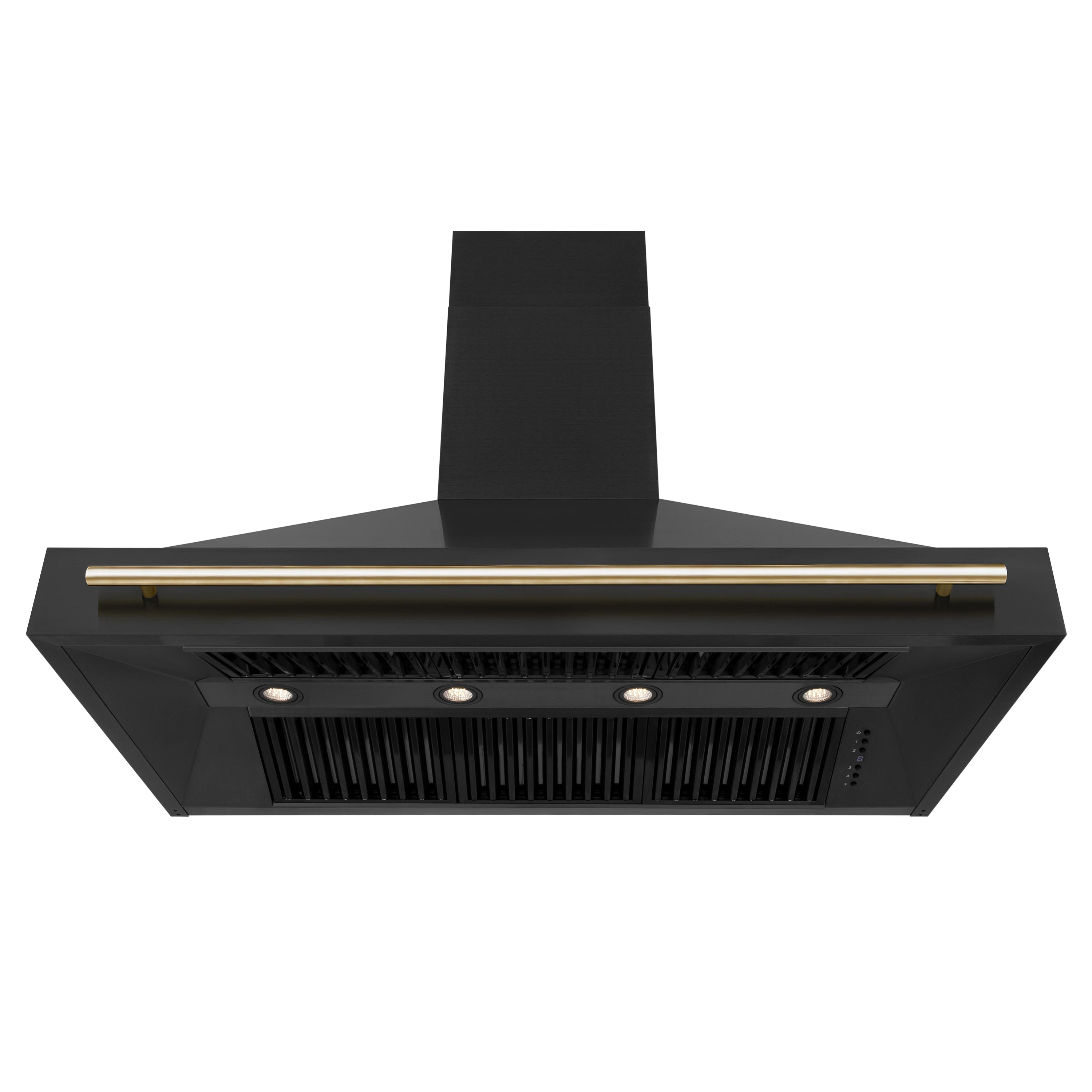Black chimney-style range hood with gold-toned trim and central fan lights