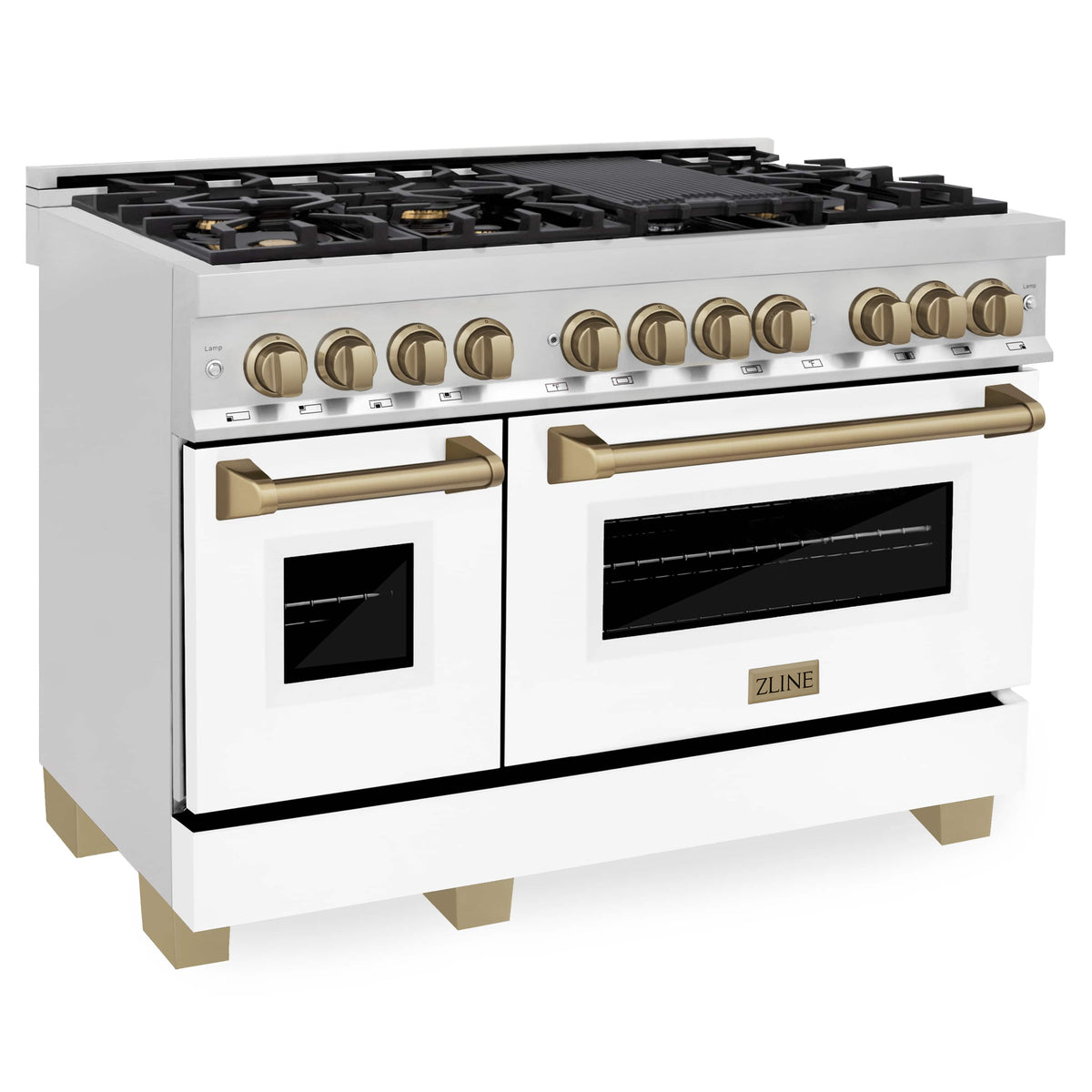 Two-piece appliance package: white gas range with brass-gold knobs and dual ovens