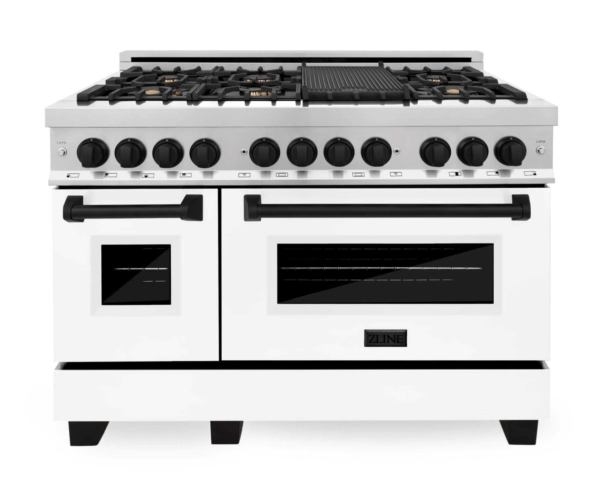 Gas range with black control knobs, cooktop grates, and two oven doors