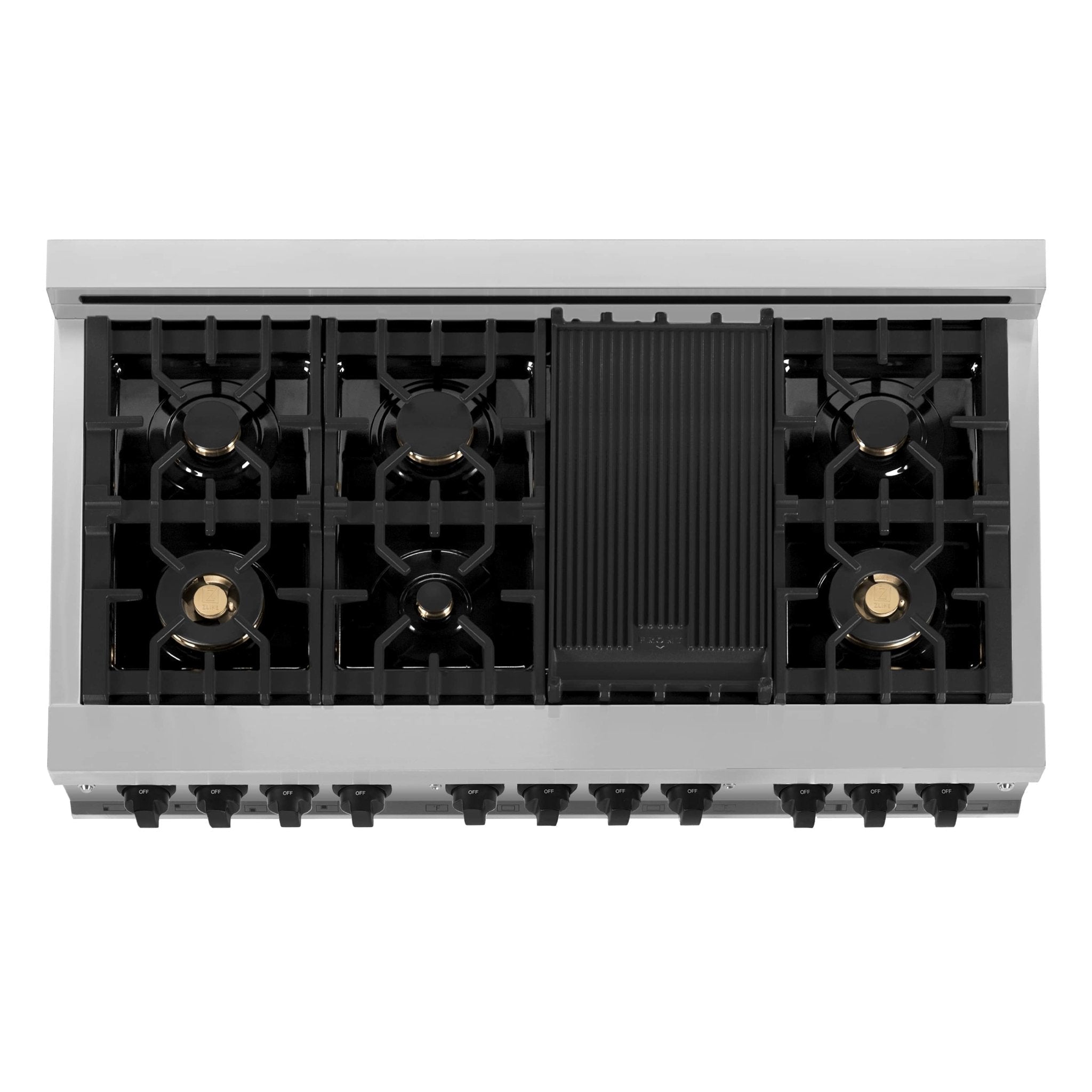 Gas cooktop with four burners and central grill panel, black