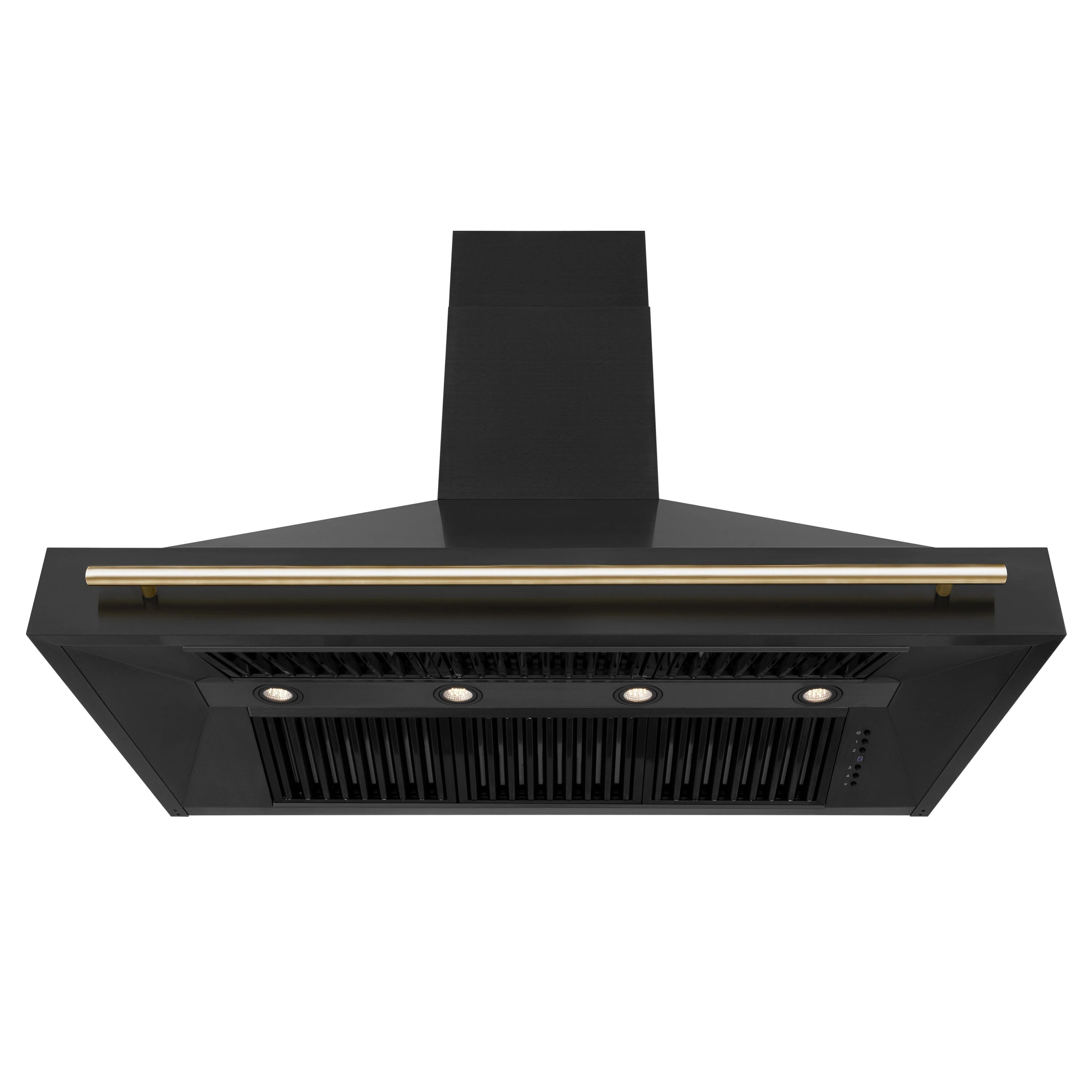Black range hood underside with row of lights and gold bar handle across the front