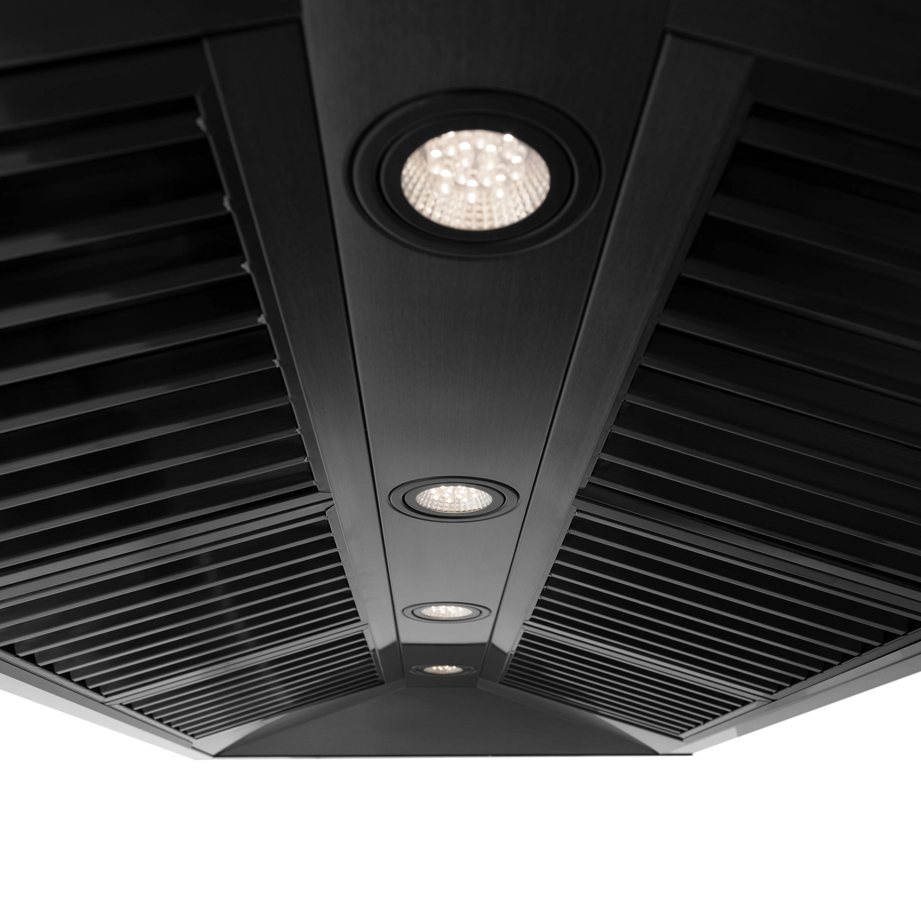 Black range hood ceiling panel with four recessed LED lights and vented grille below