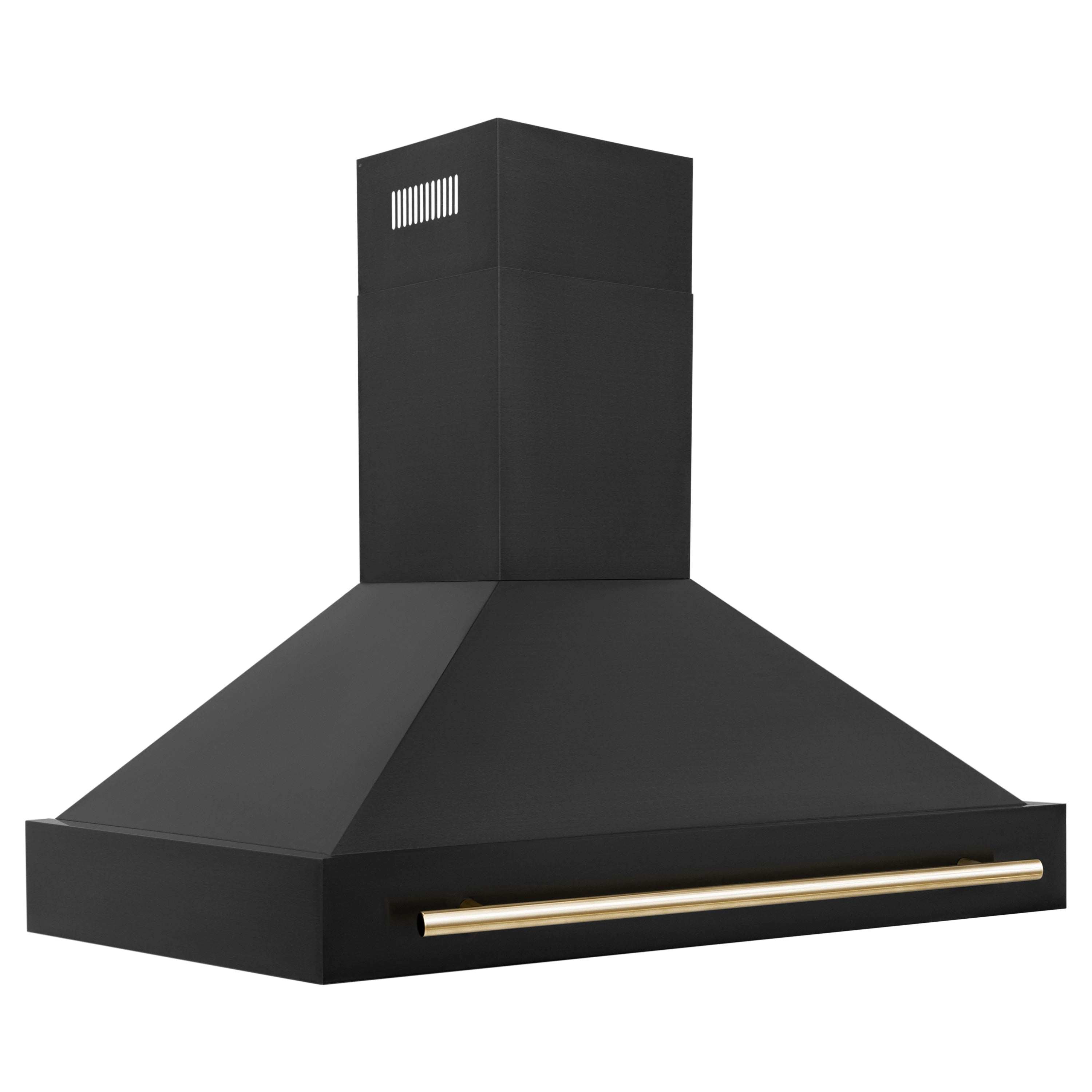Black wall-mount range hood with slim chimney and rectangular canopy, gold accent trim