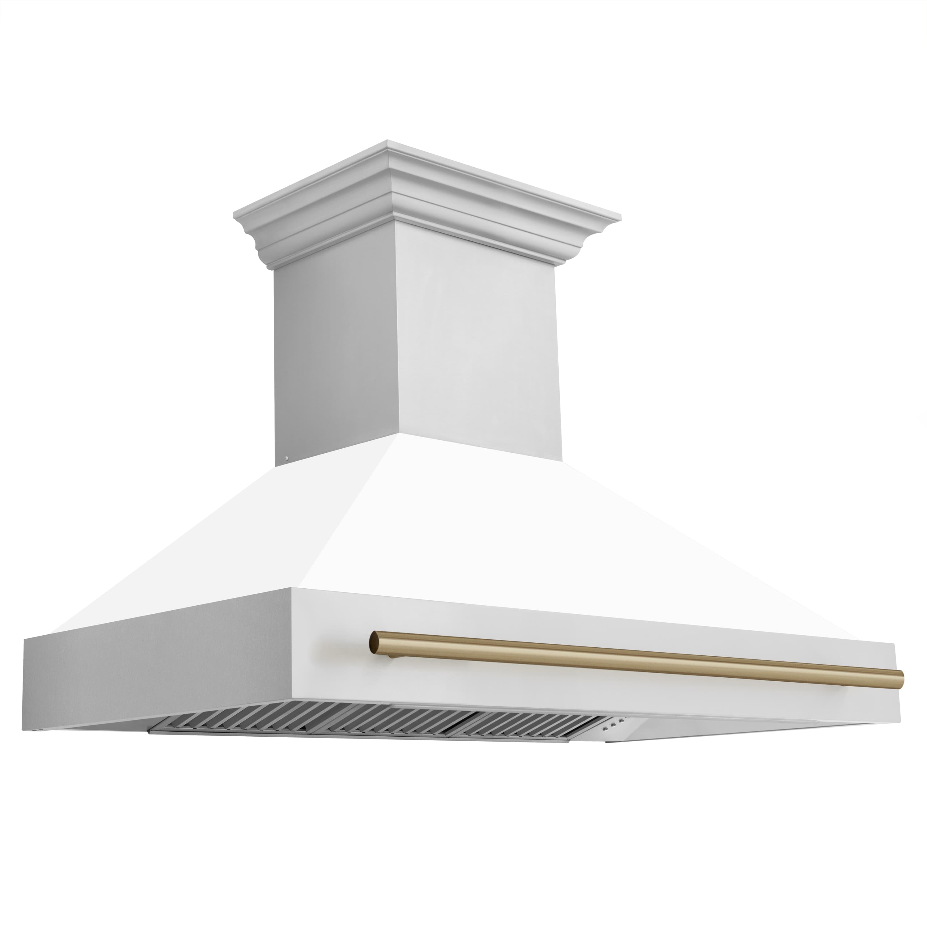 48-inch range hood with gold trim and horizontal light bar, white canopy design