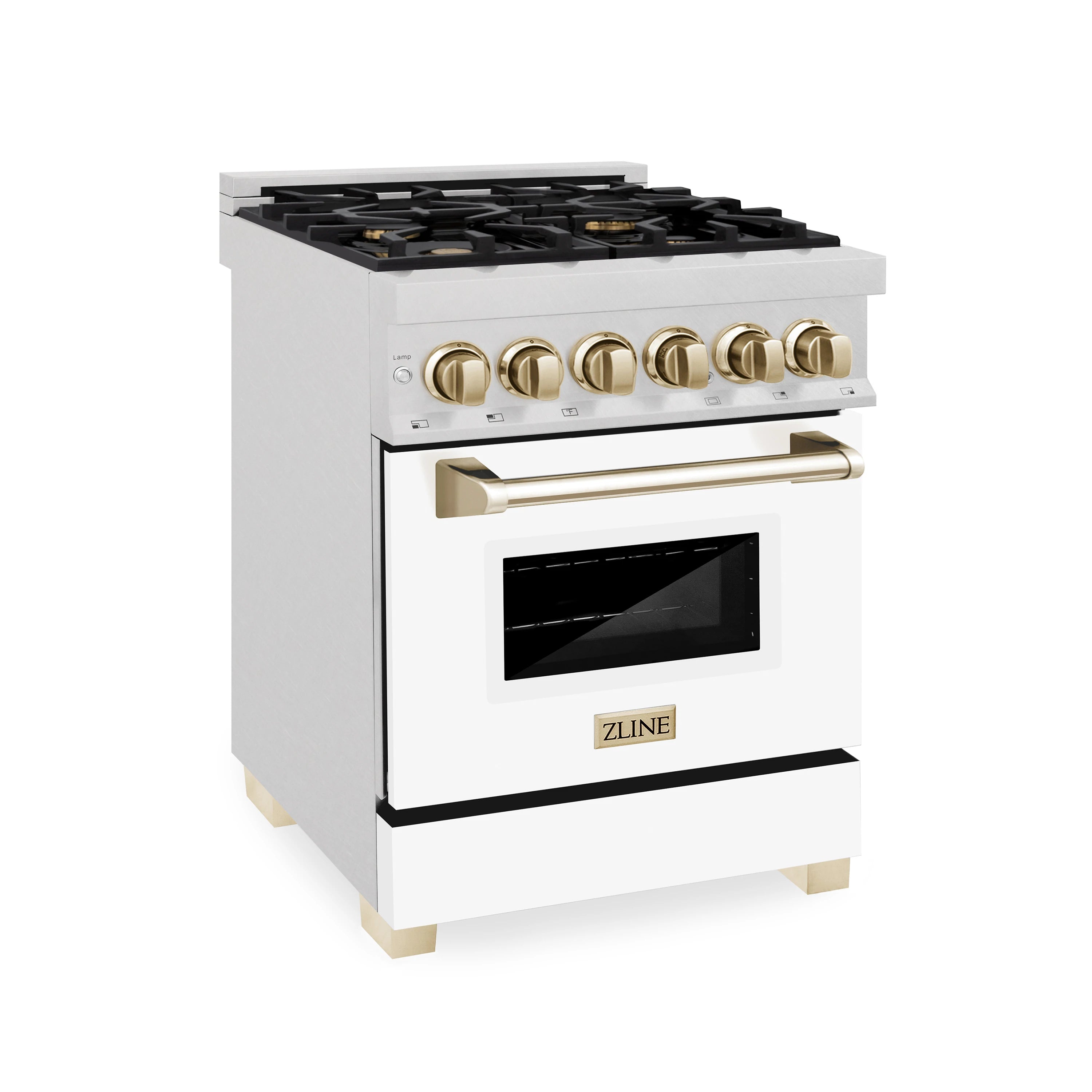 Freestanding dual fuel range with black grate cooktop, white oven door, gold knobs