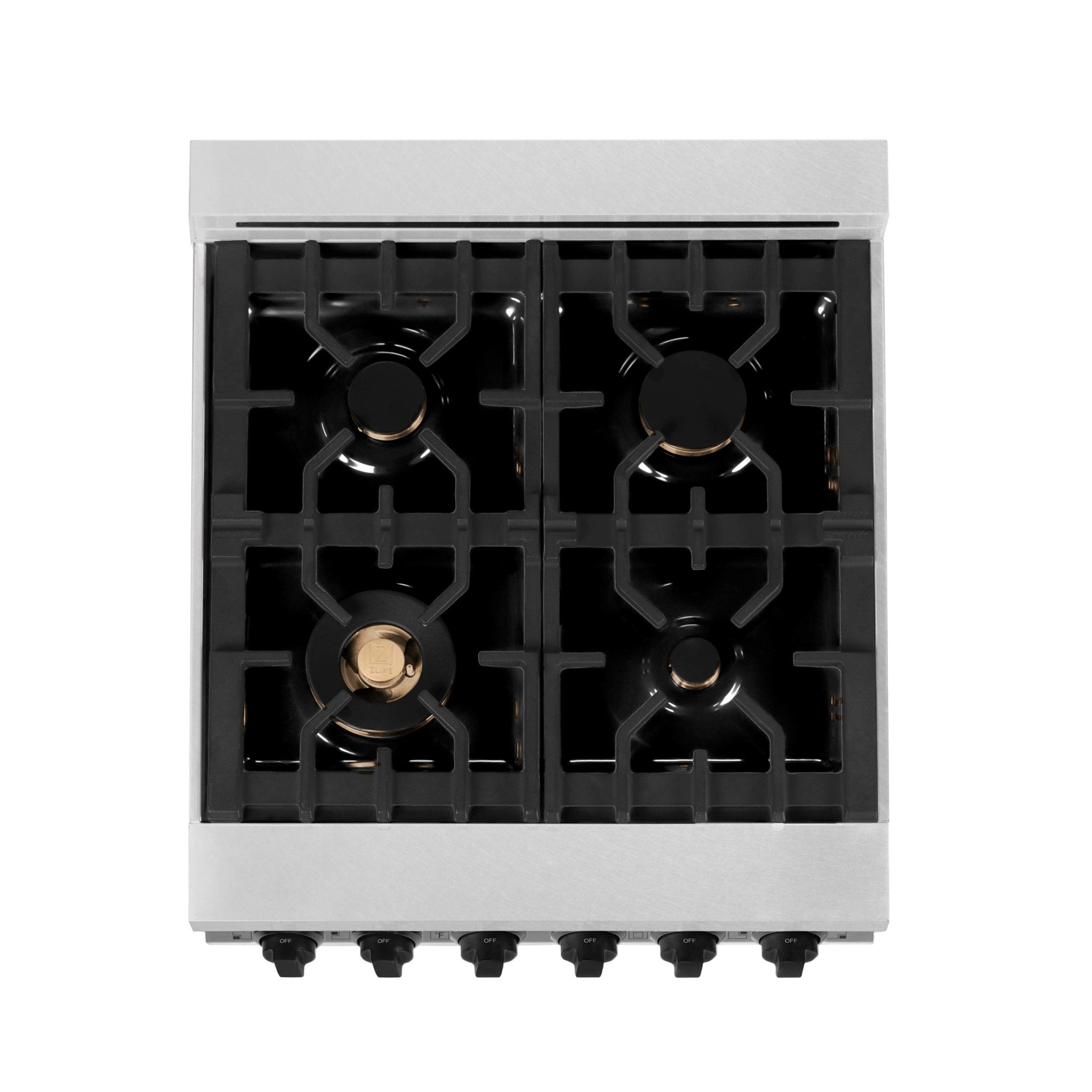 Dual fuel range gas cooktop with four black grates and brass burner caps