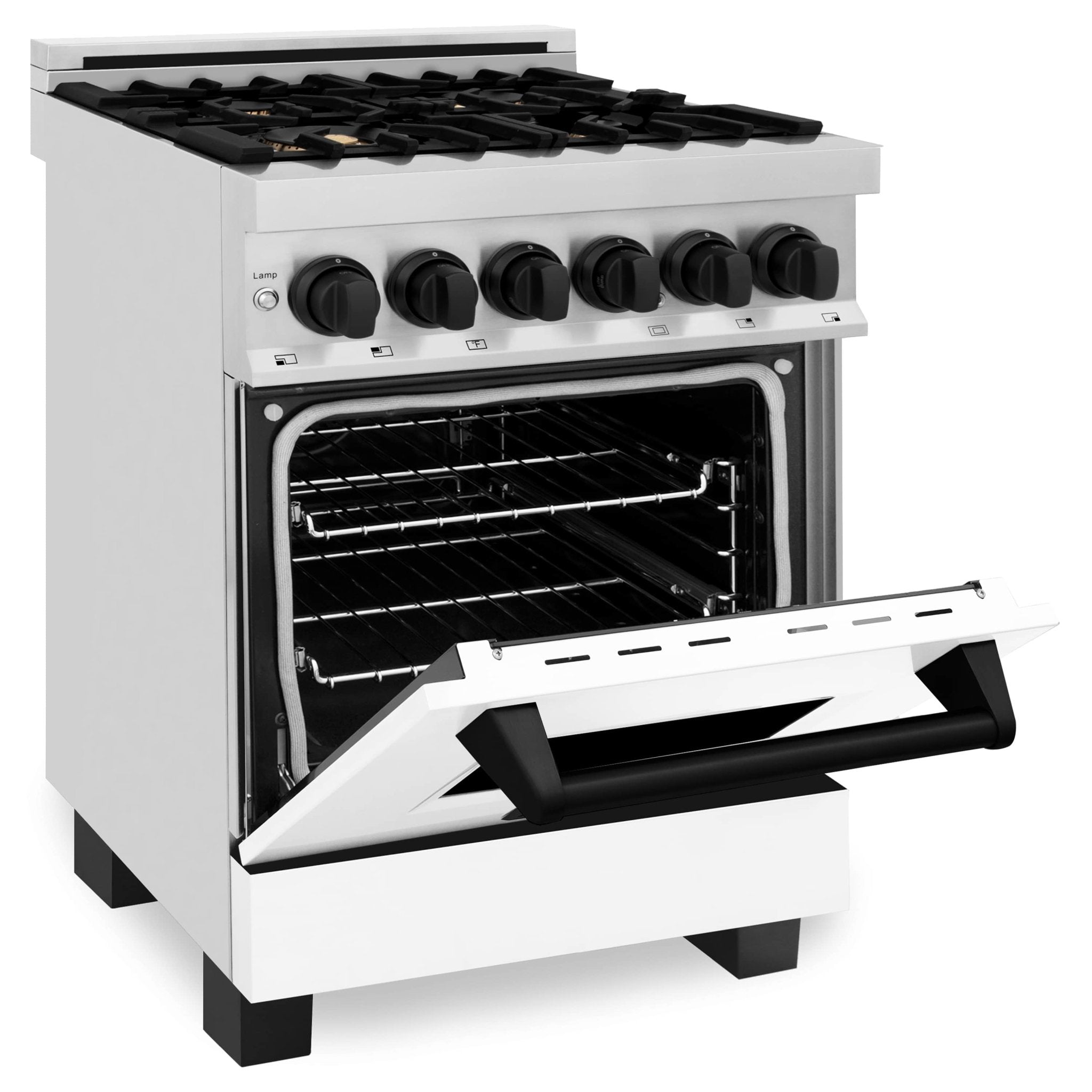 Dual fuel range with oven open to show black racks and side control knobs