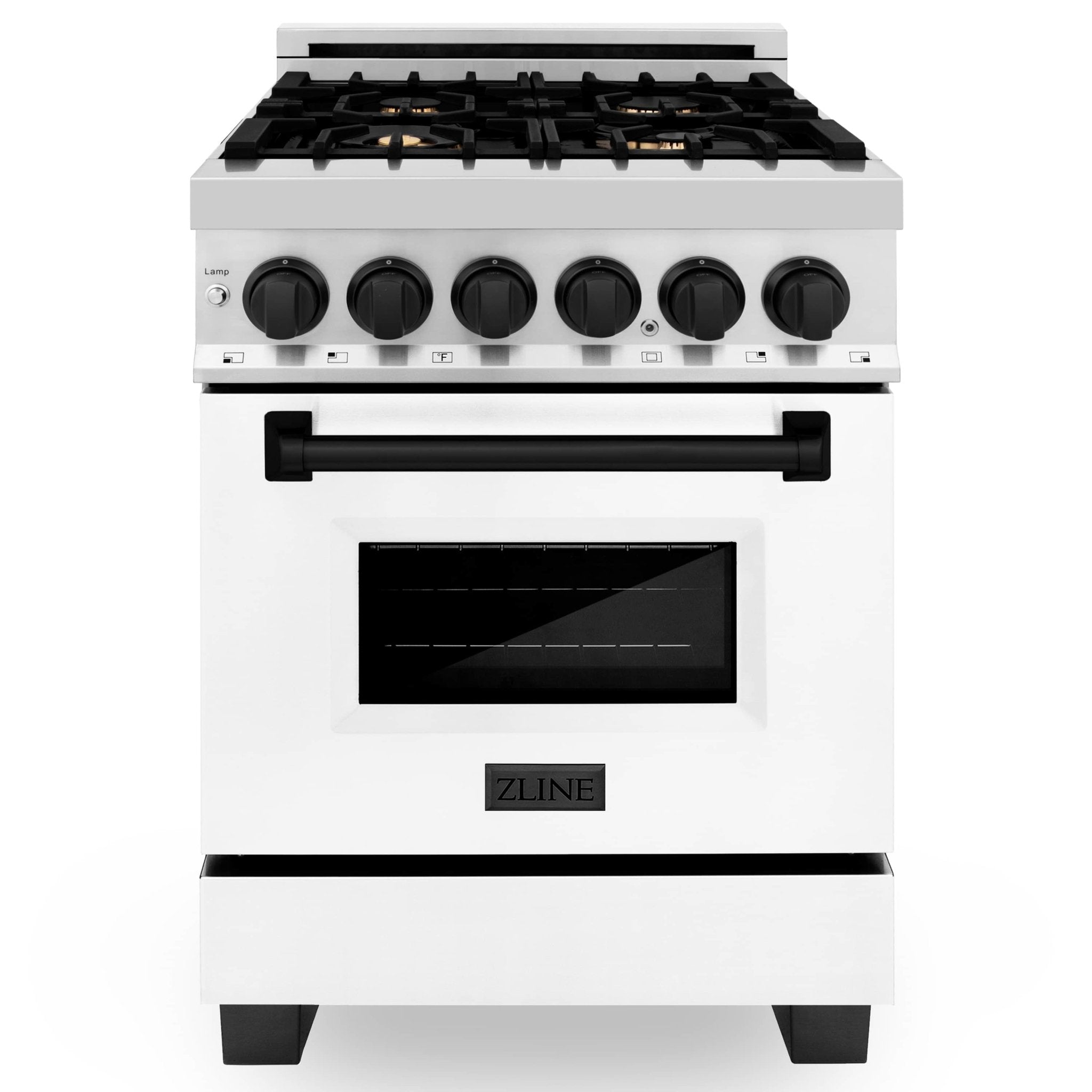 White dual fuel range with black cooktop grates, front handle, and oven glass door