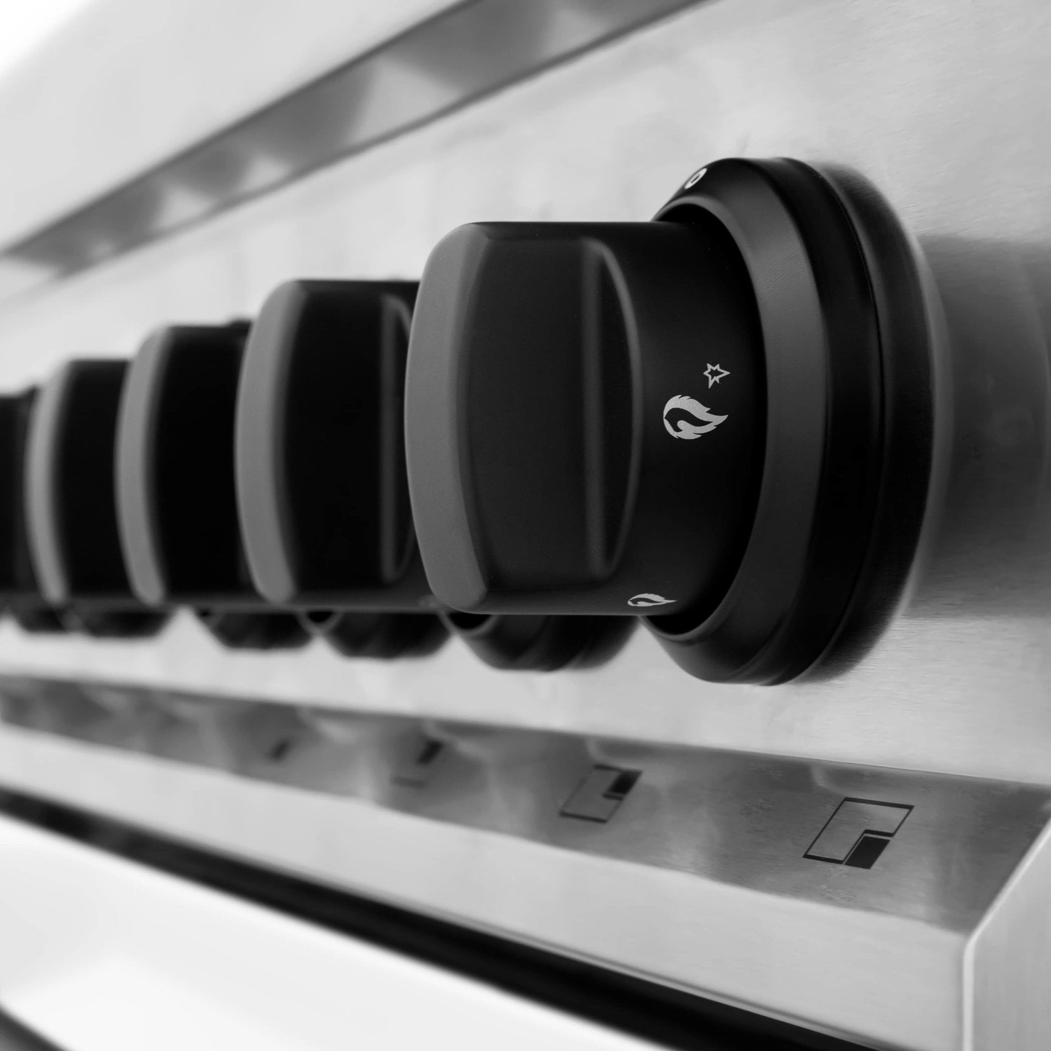 Close-up of dual fuel range oven control knob with icons on stainless panel