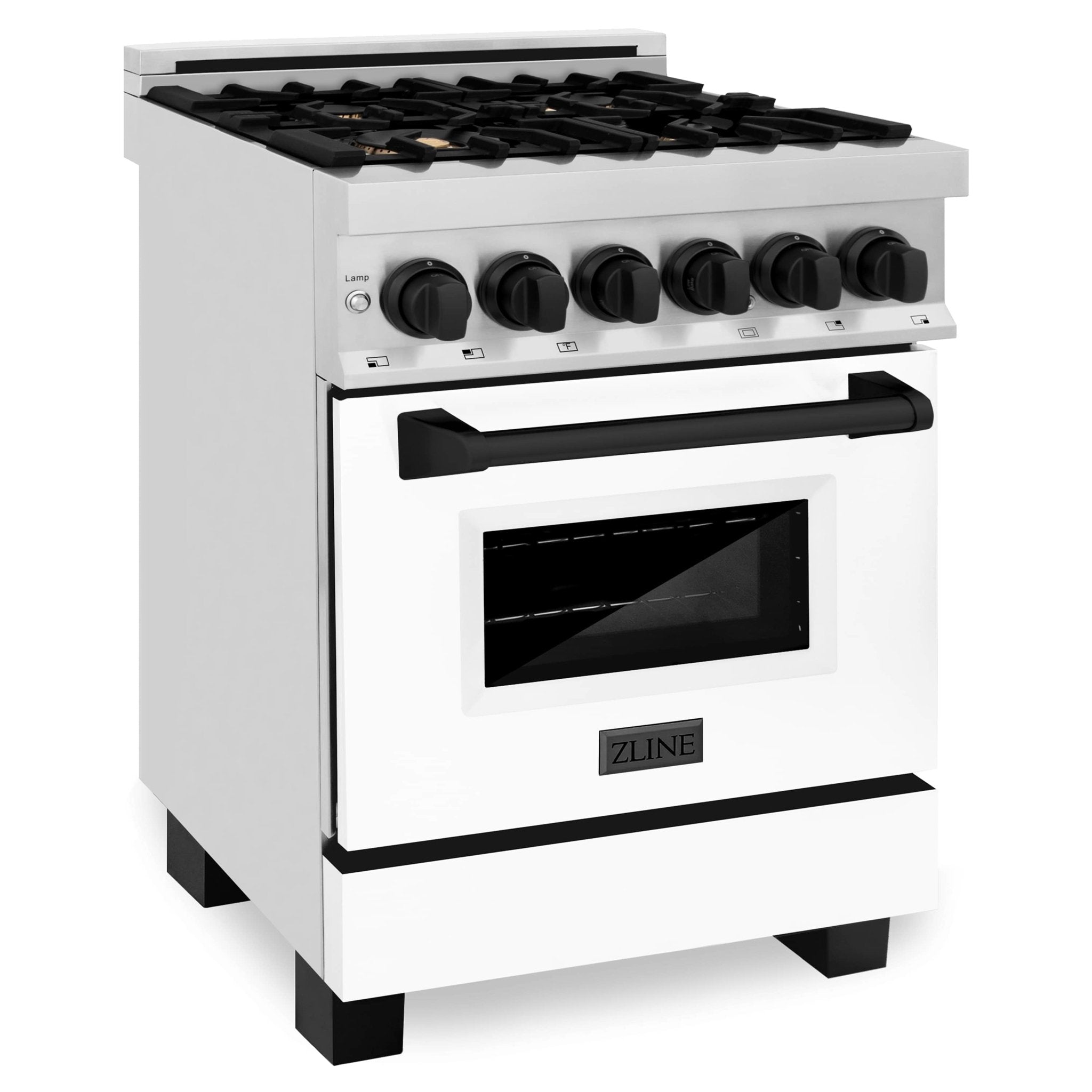 White dual fuel range with black cooktop grates, knobs, and glass oven window