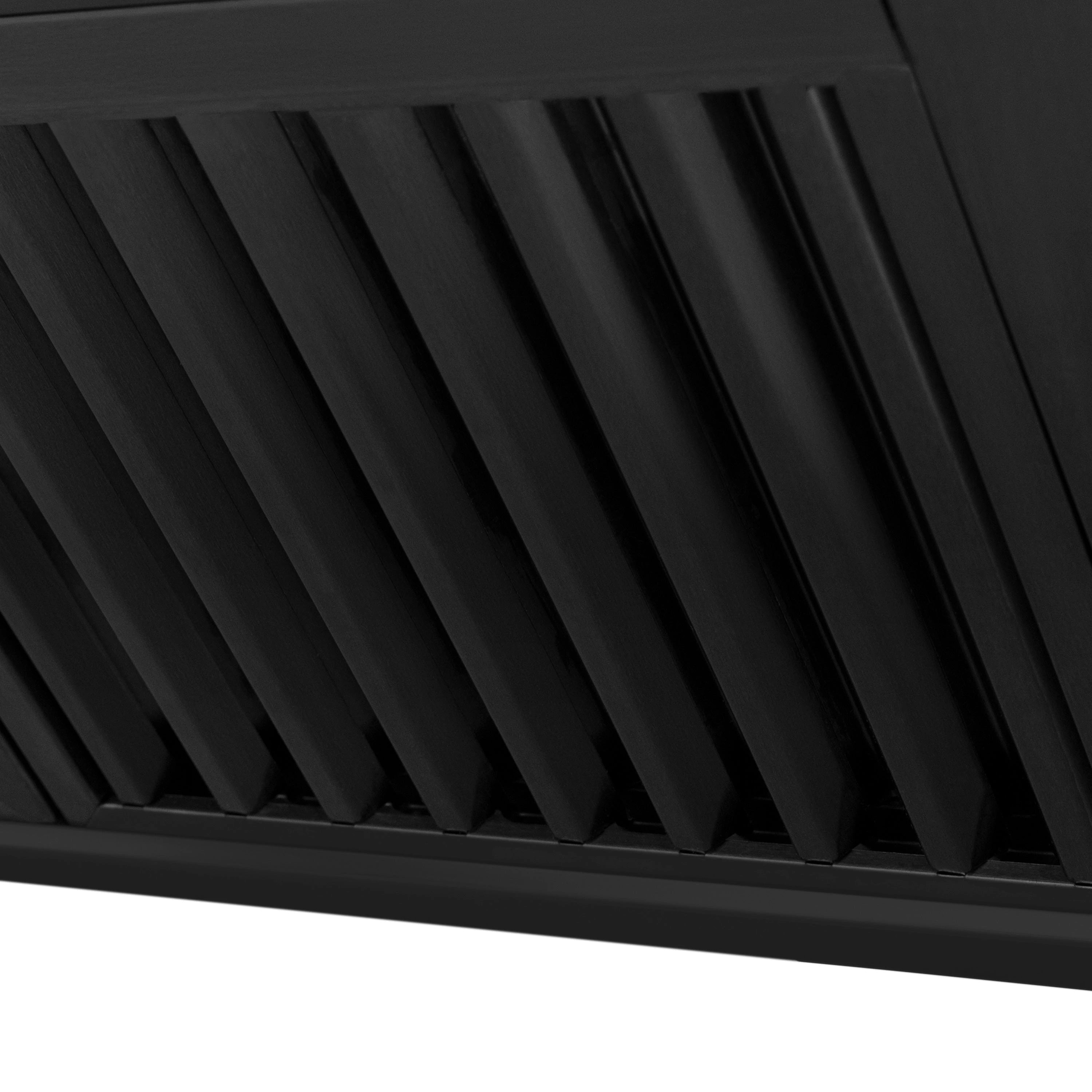 Black hood vent with angled louvers and ribbed texture