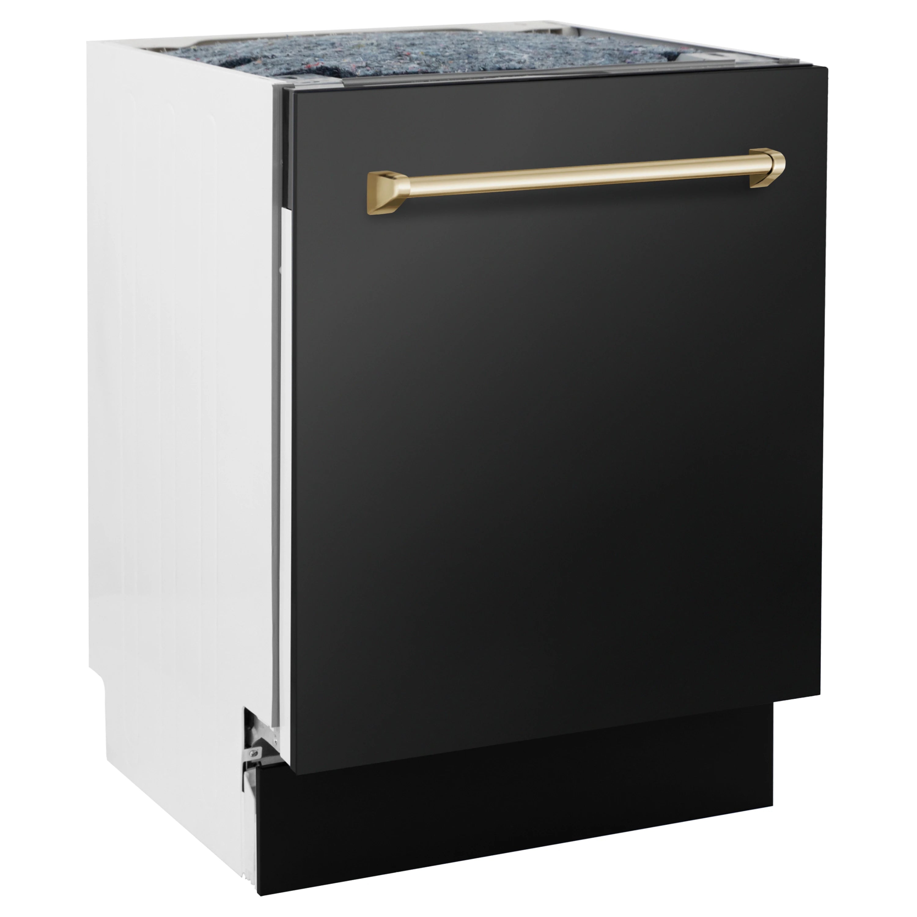 Black appliance oven door with gold-tone bar handle and open cooking surface
