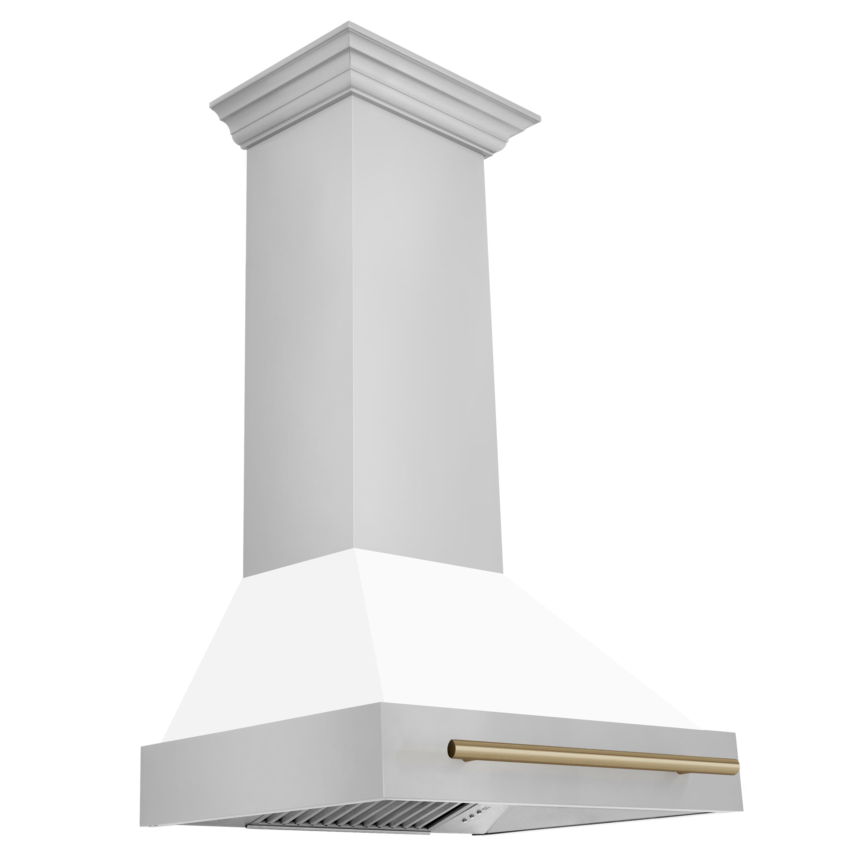 White wall-mounted range hood with gold bar handle and vent grille