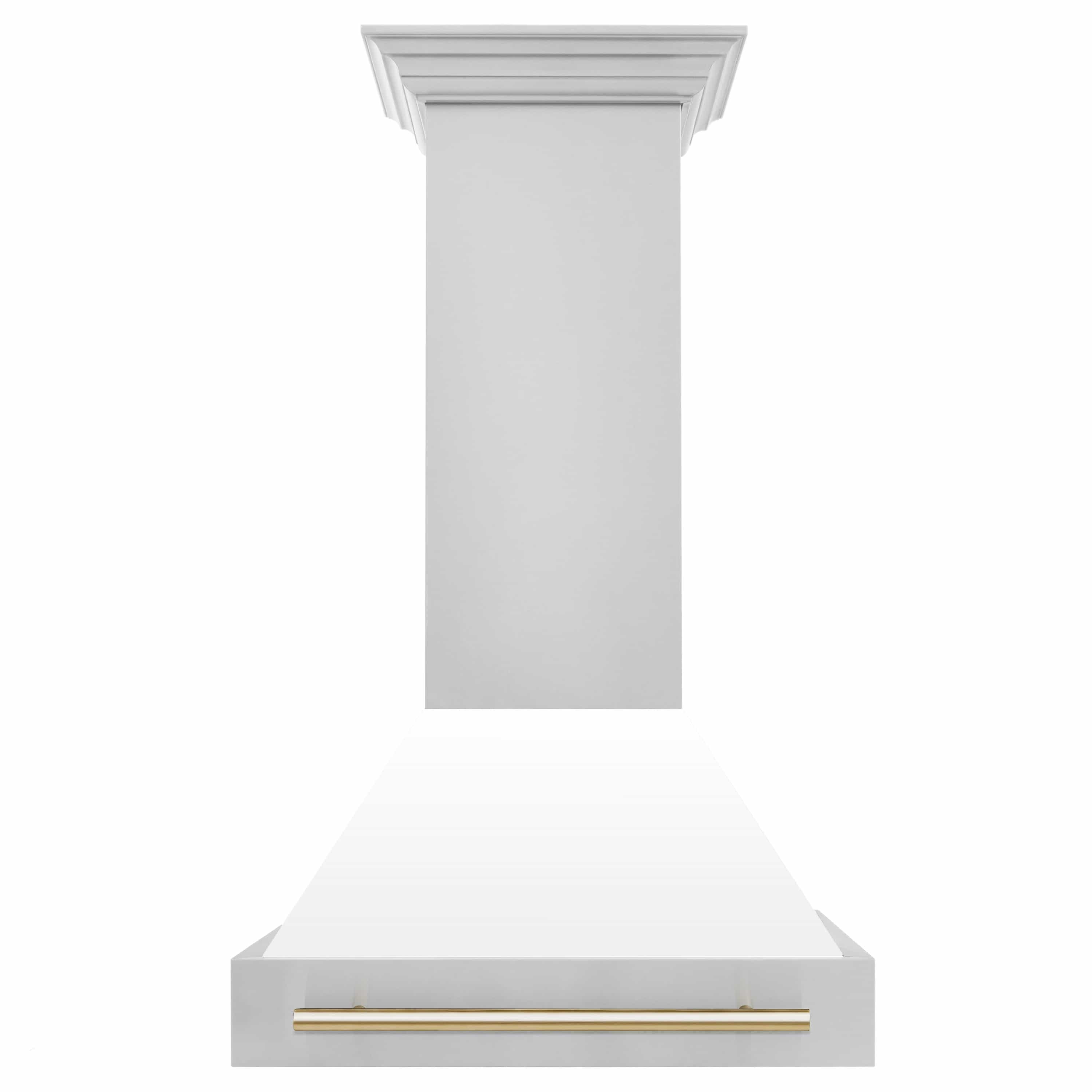 White chimney range hood with gold vent trim at the bottom