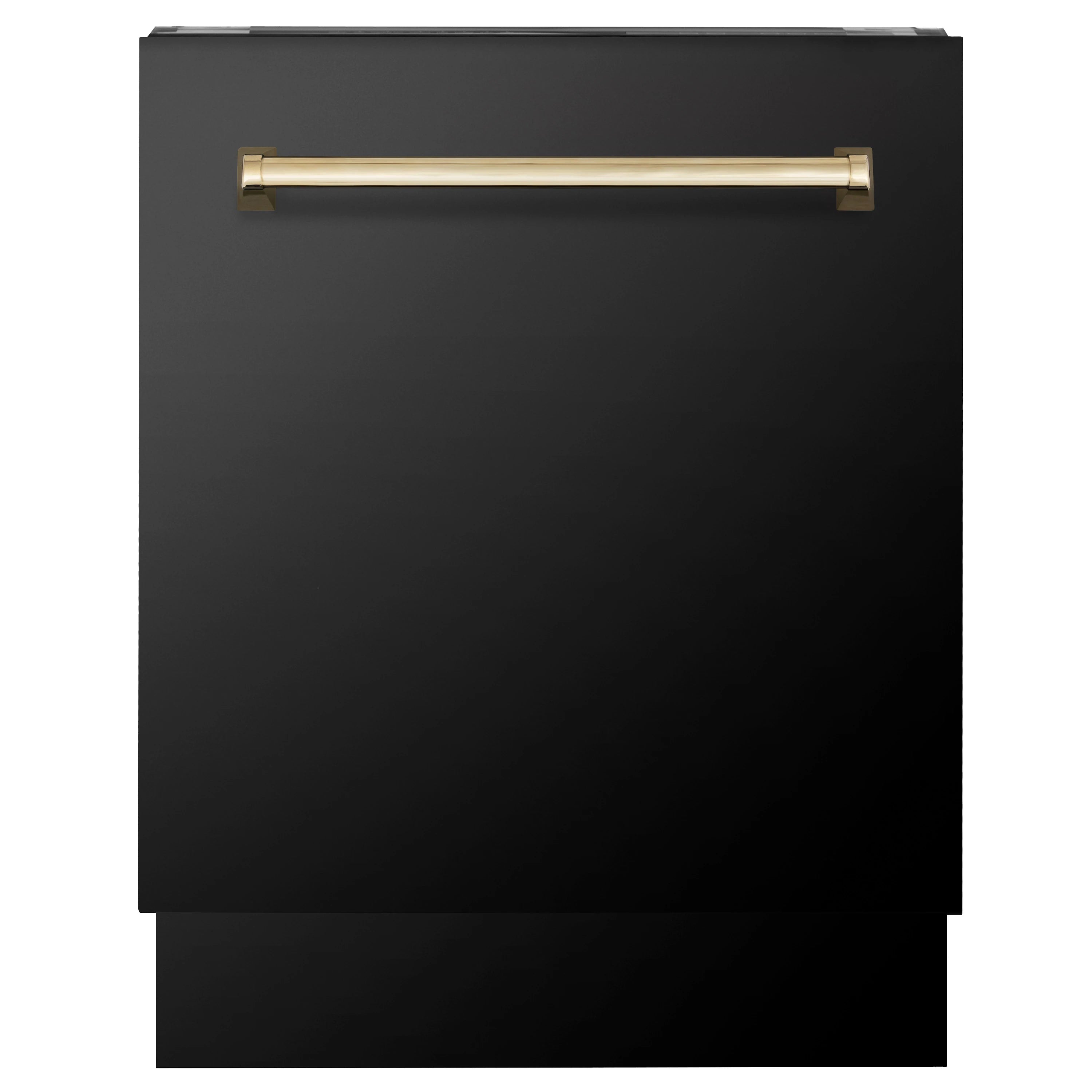 Matte black dishwasher door with long gold bar handle and smooth front panel