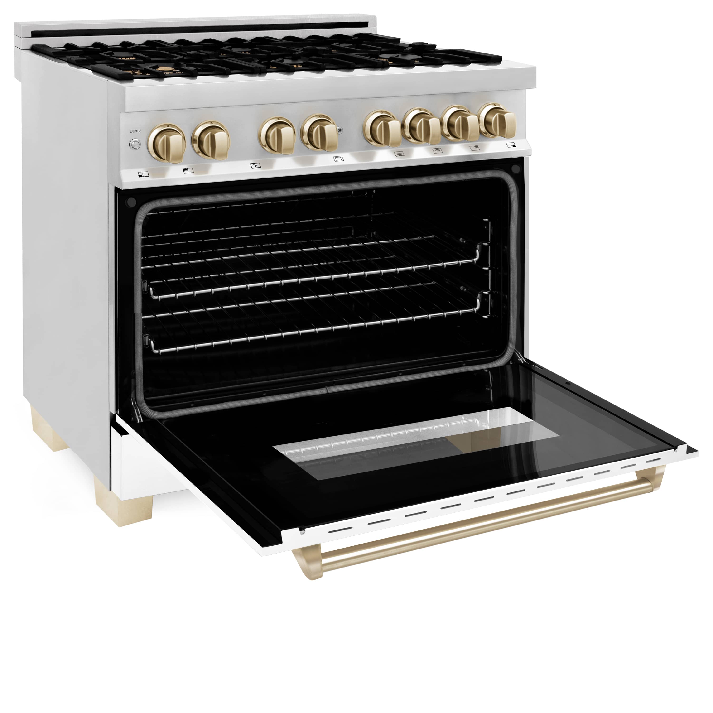 ZLINE 36-inch range and hood package open oven door with black interior and wire racks
