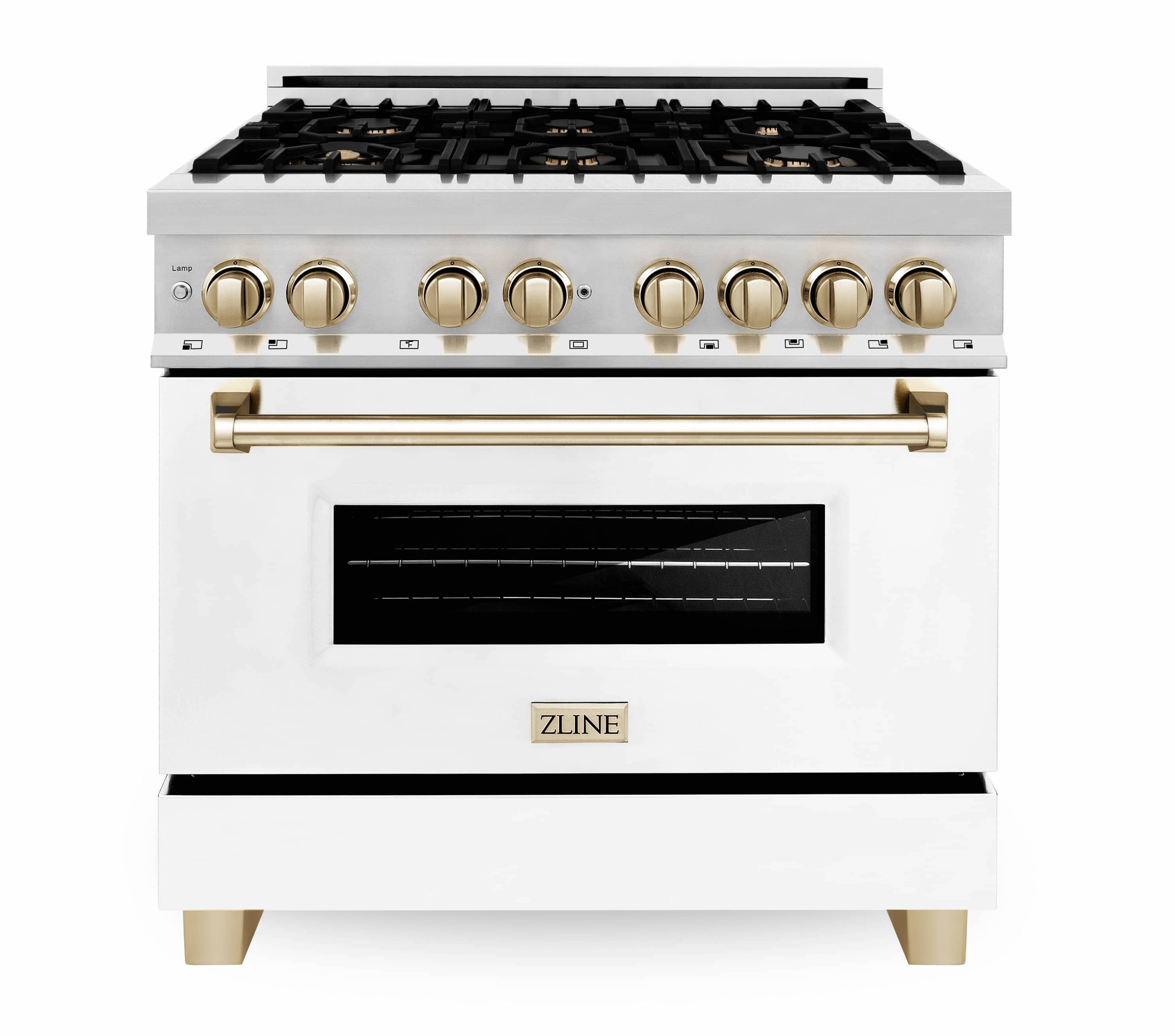 ZLINE 36-inch range and hood package stainless electric range with gold controls and oven window