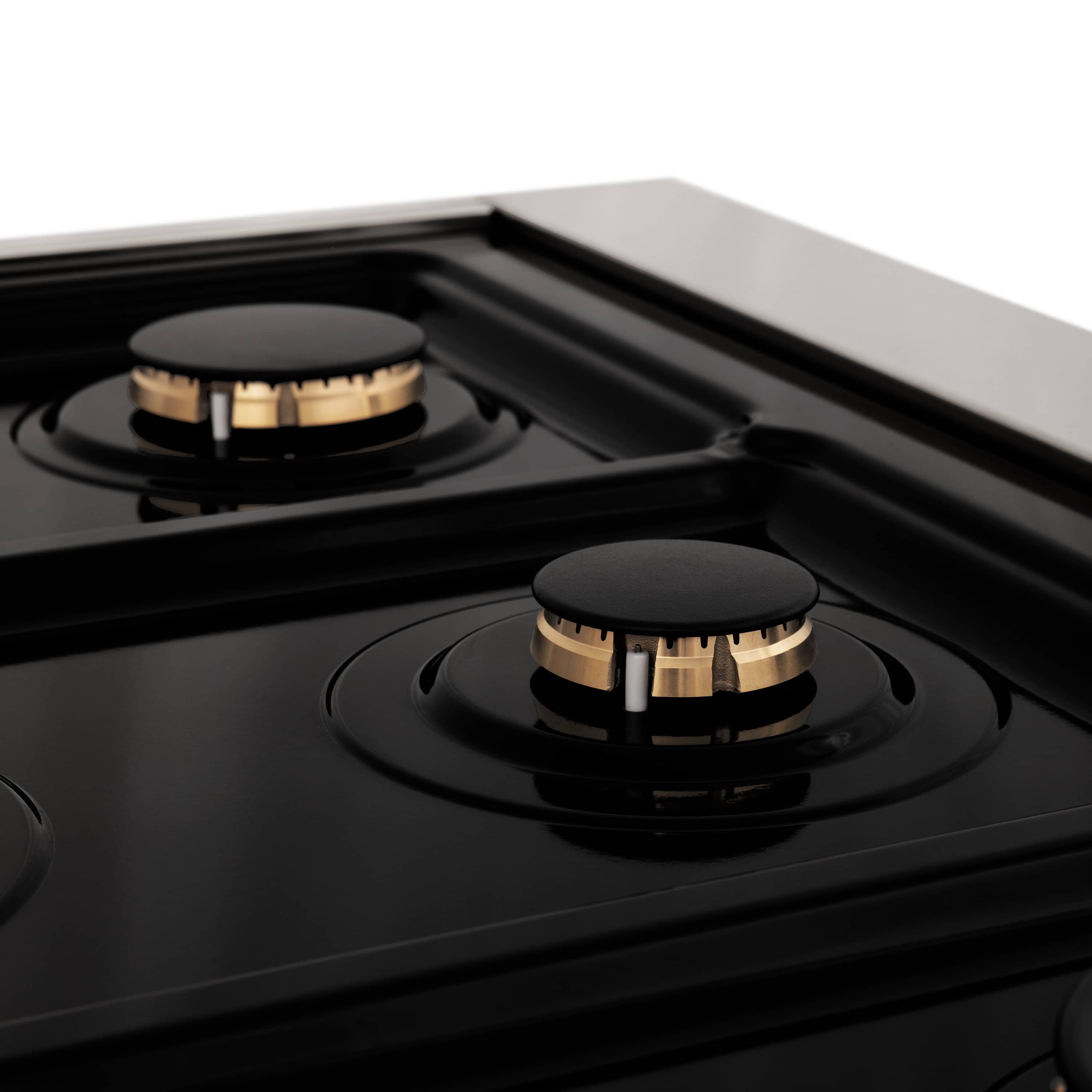 ZLINE 36-inch range surface with black burner caps and gold-accent burner bases