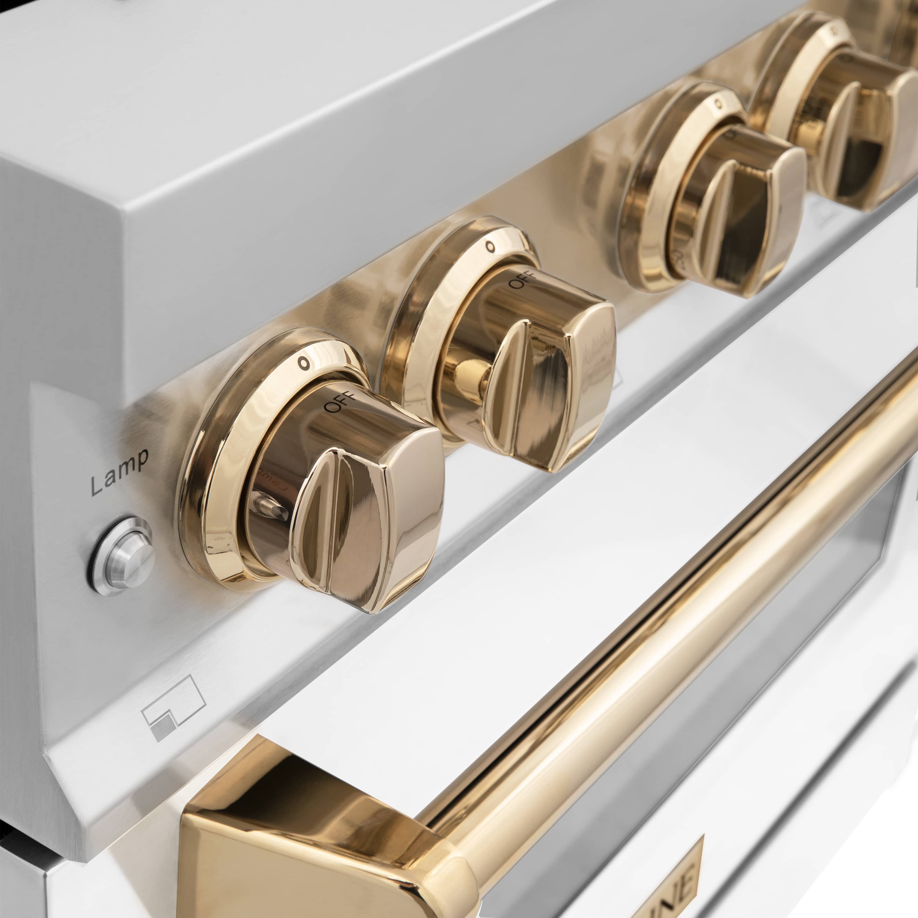 ZLINE 36-inch range and hood package gold control knobs and oven handle