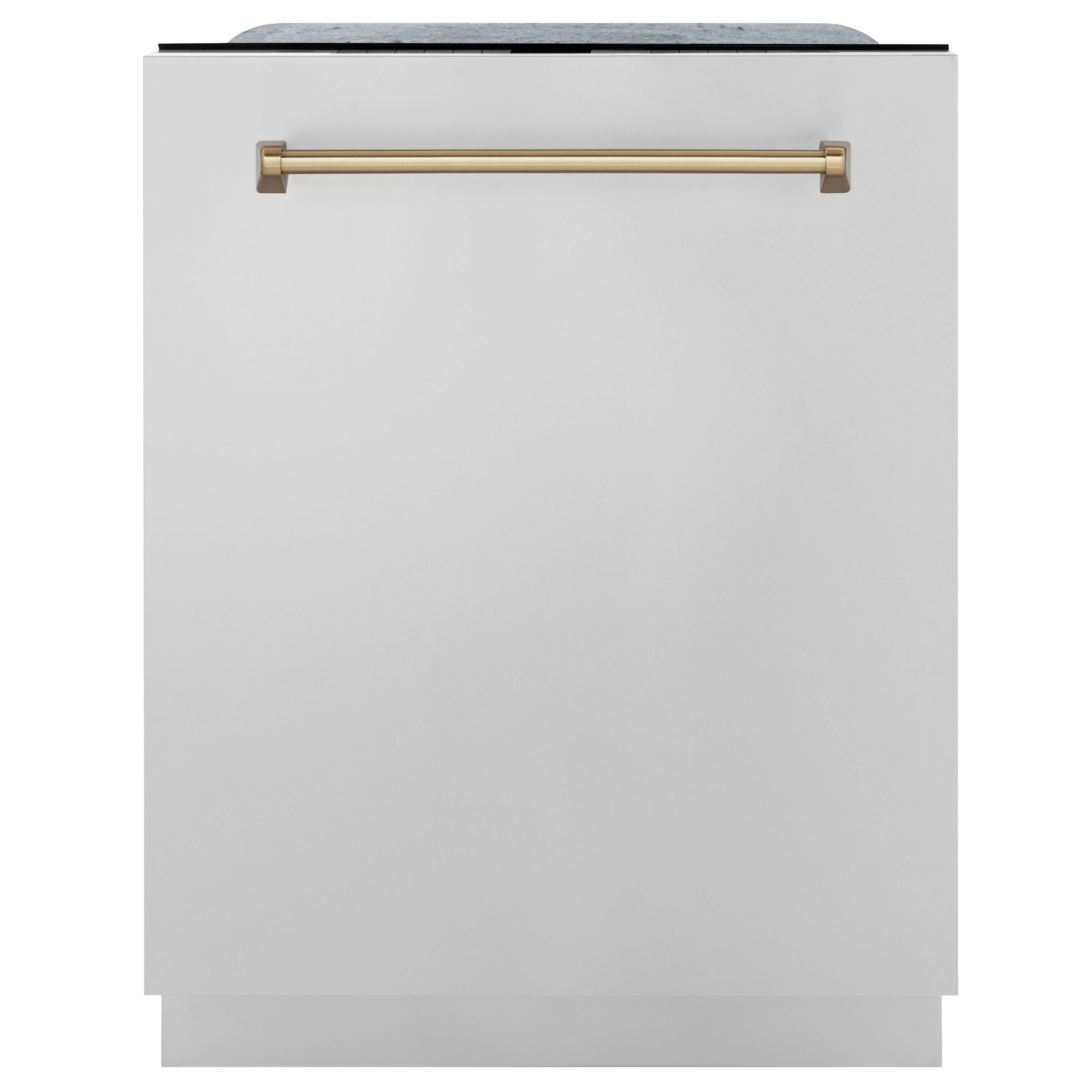White range hood front with two gold bar handles at top