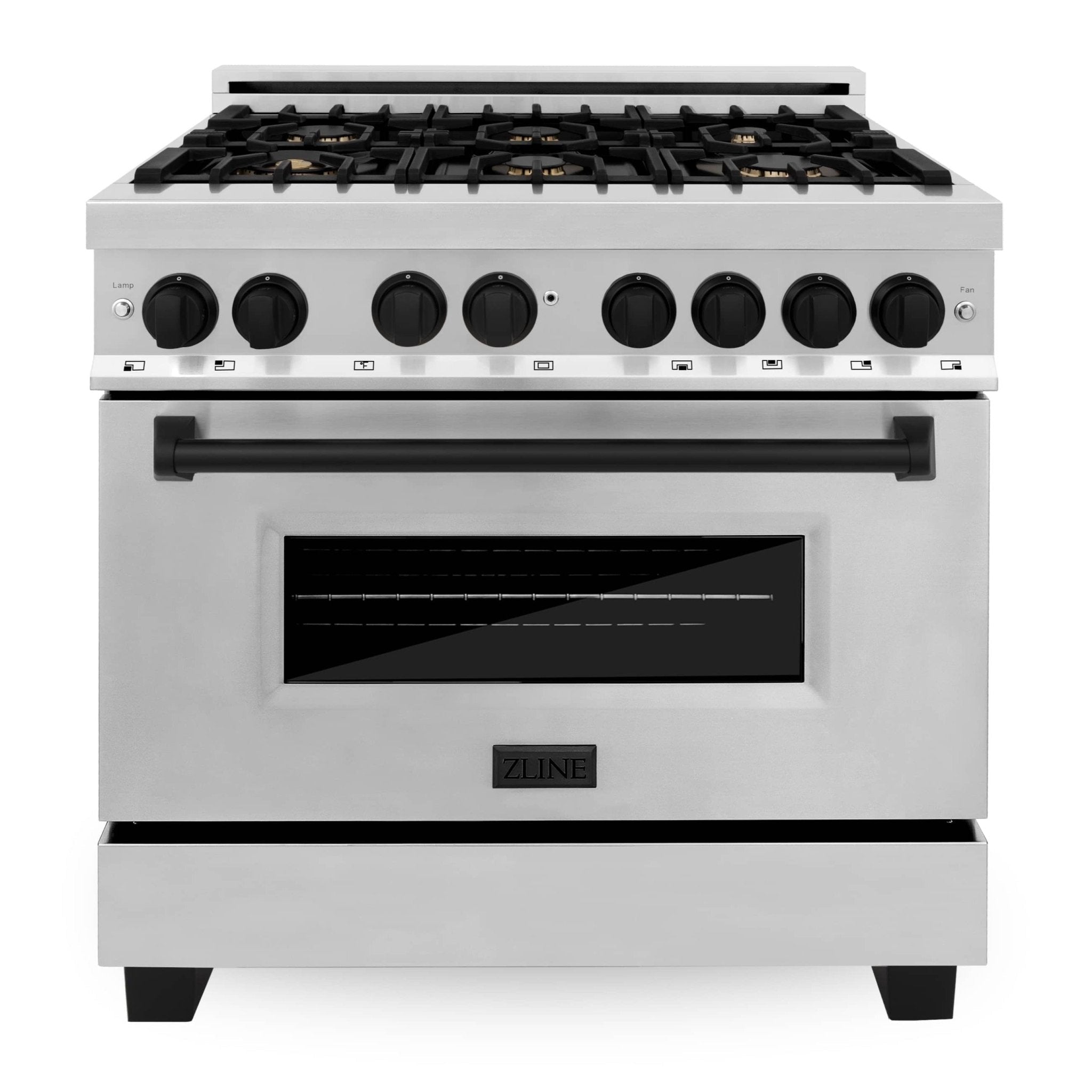 Freestanding 36-inch gas range with black cooktop and control knobs