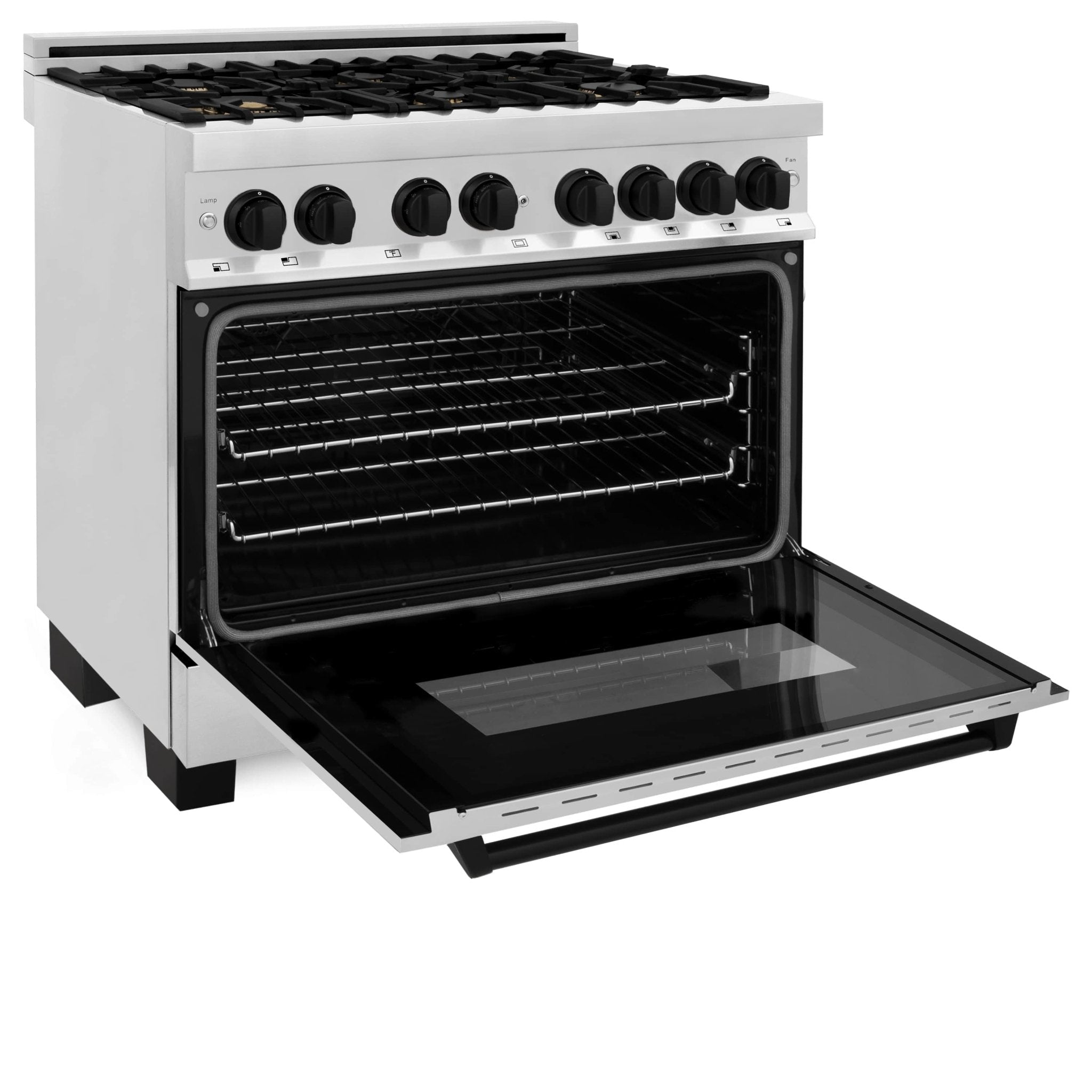 Gas range with oven door open showing black interior racks