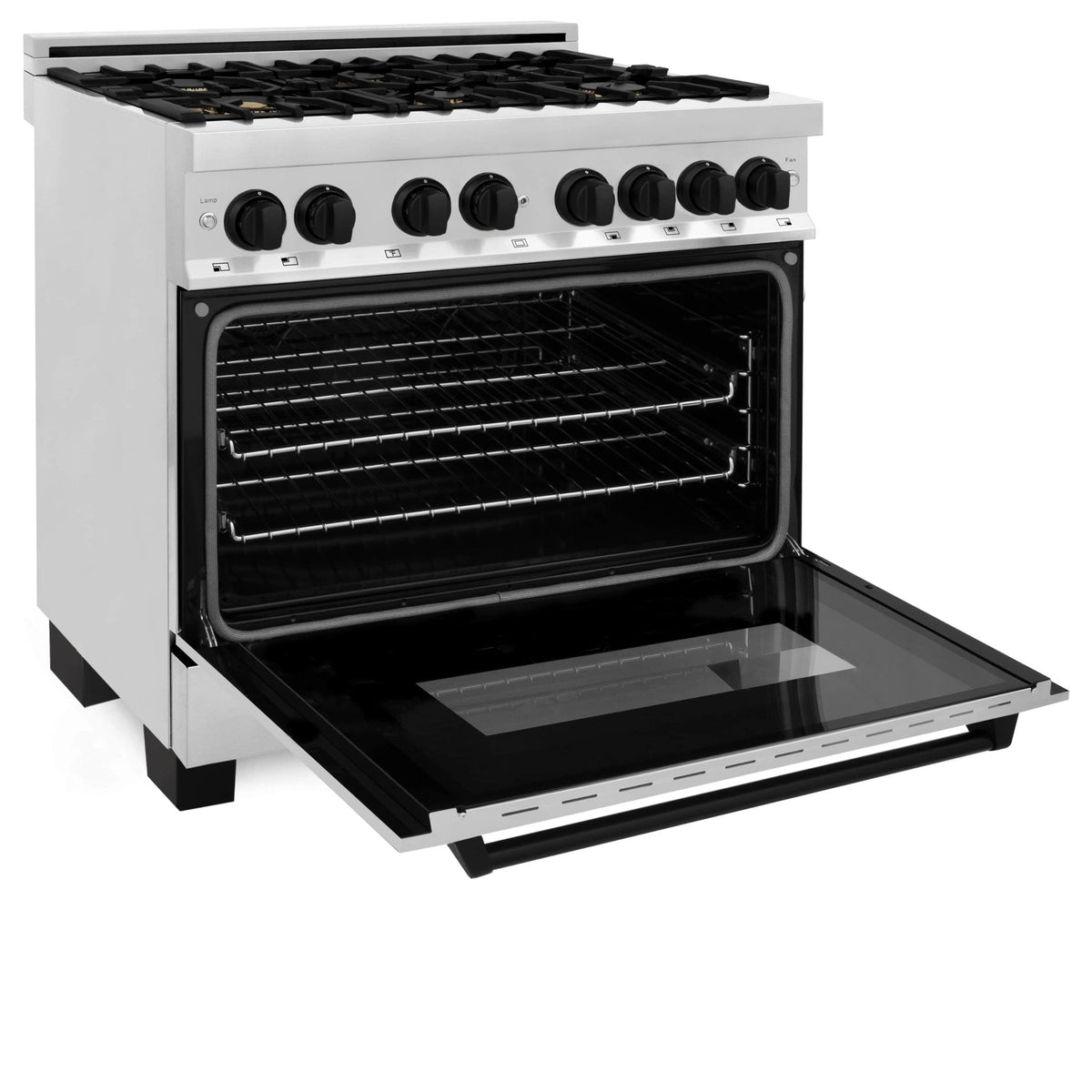 Stainless steel 36-inch gas range with open oven door and black burner grates