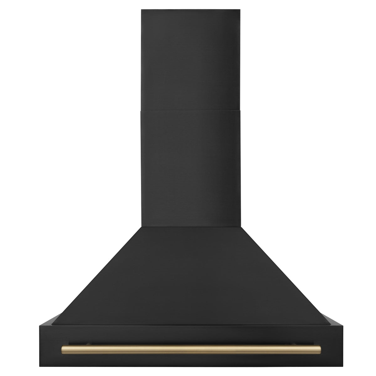 Black range hood with gold trim and tall chimney stack