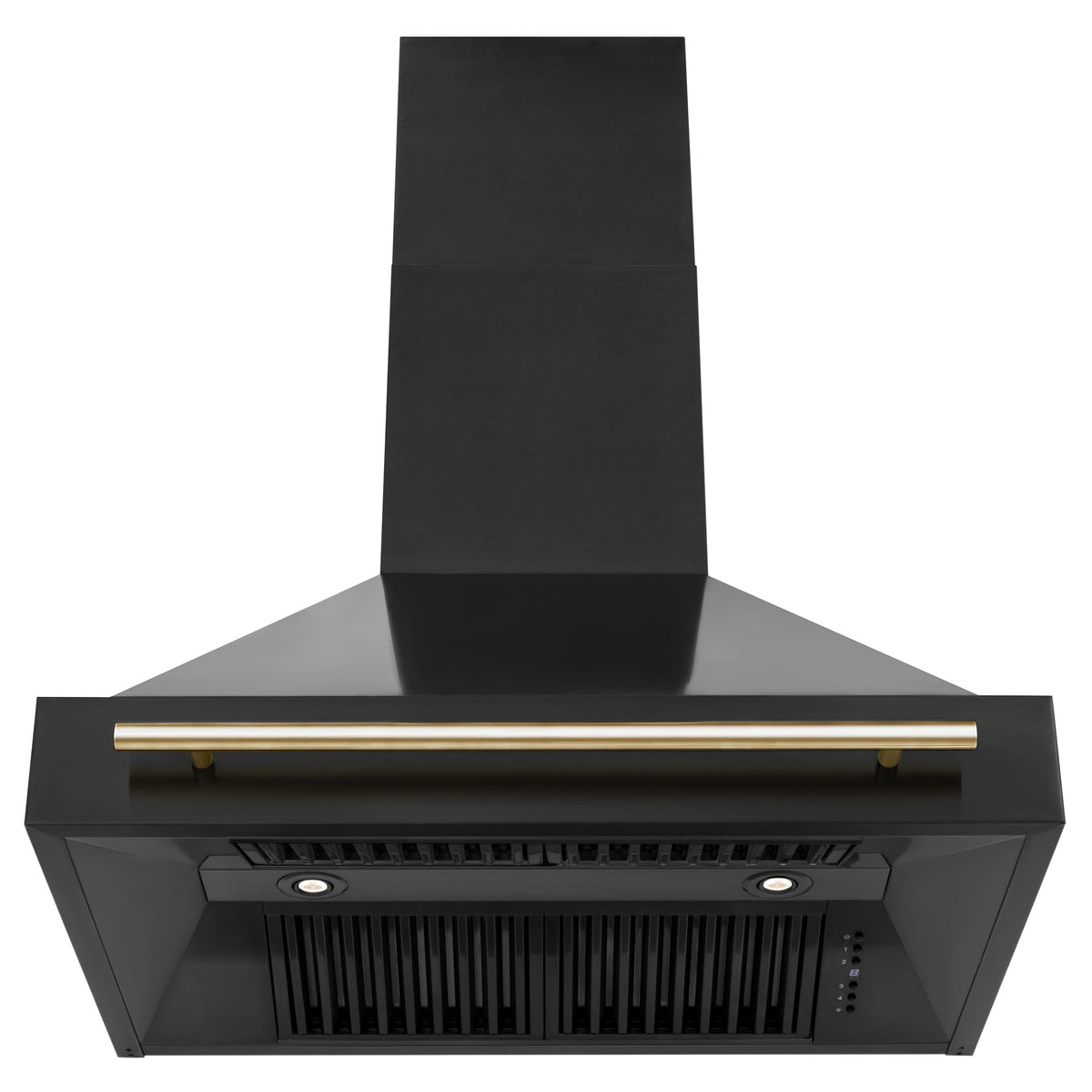 Black wall range hood with gold vent bar and visible grille filter