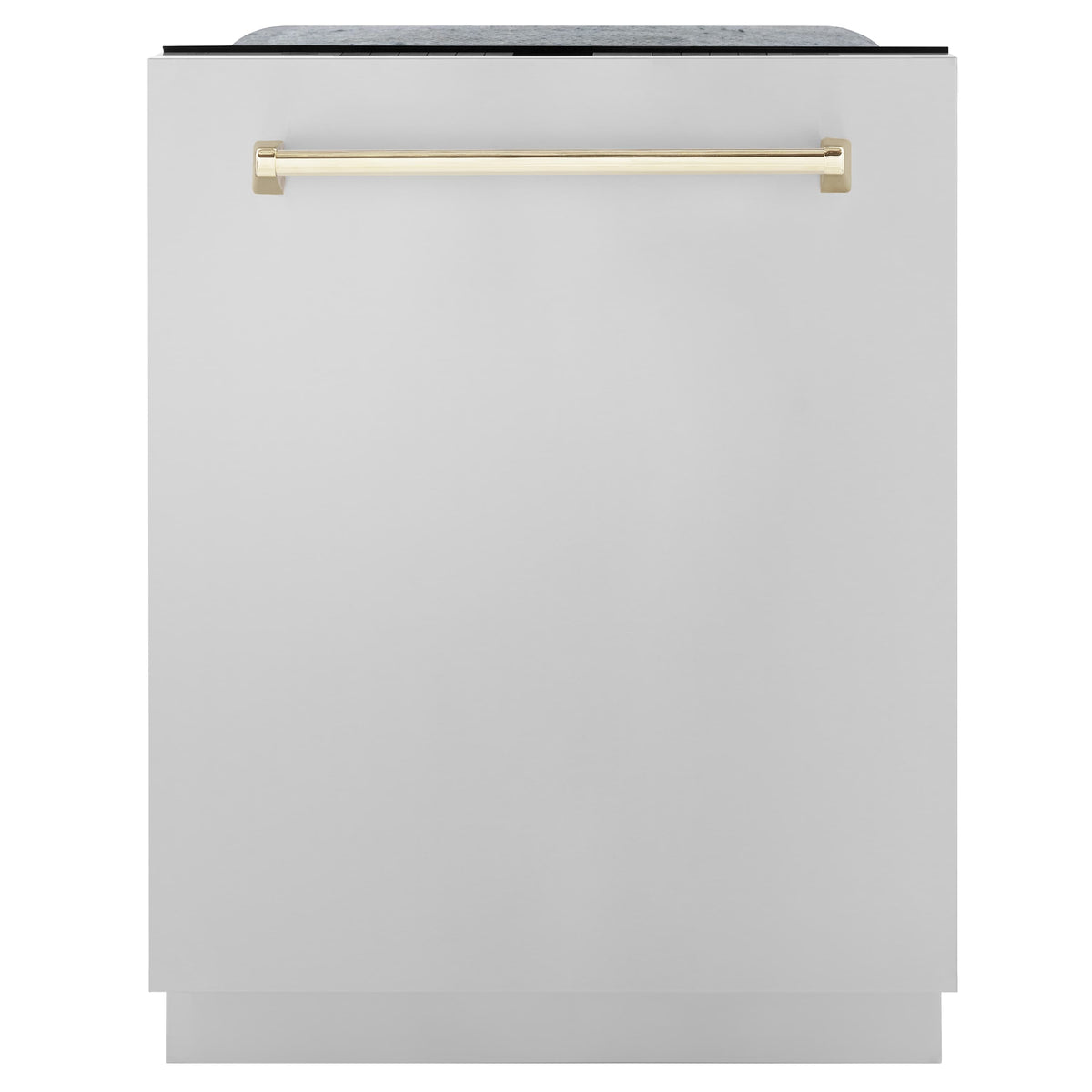 White appliance front with horizontal gold bar handle and dark top panel