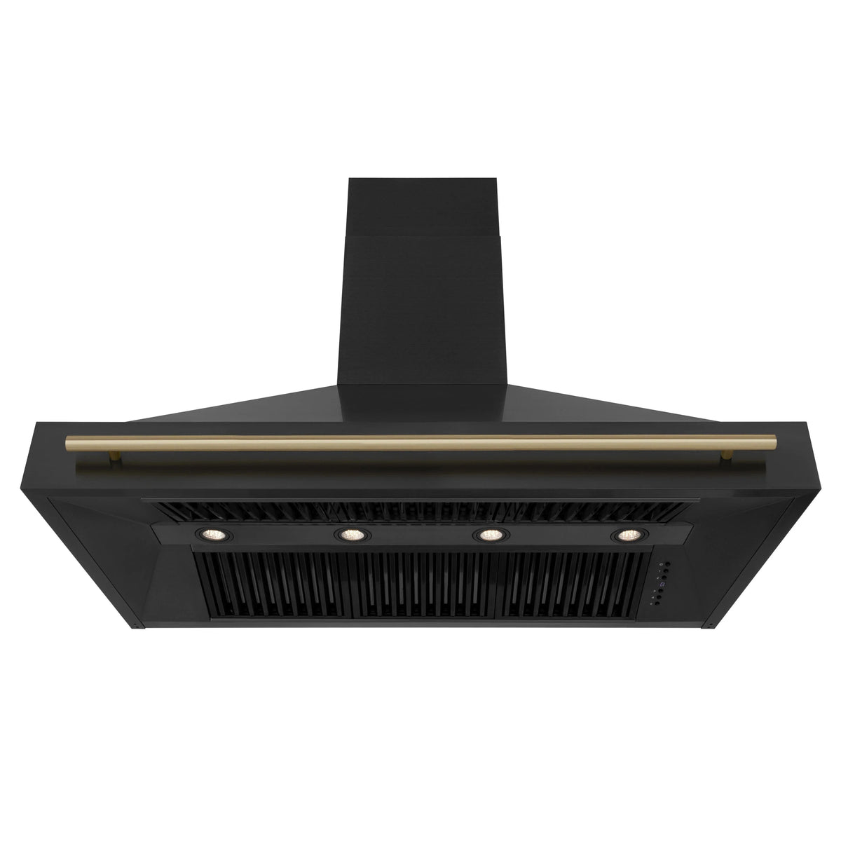 Black wall-mounted range hood with champagne bronze trim and vent filters