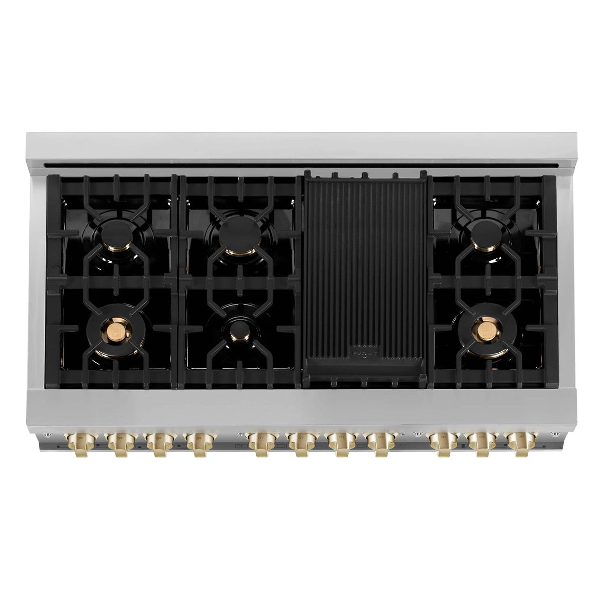 48-inch range cooktop with black grates, burner caps, and gold control knobs