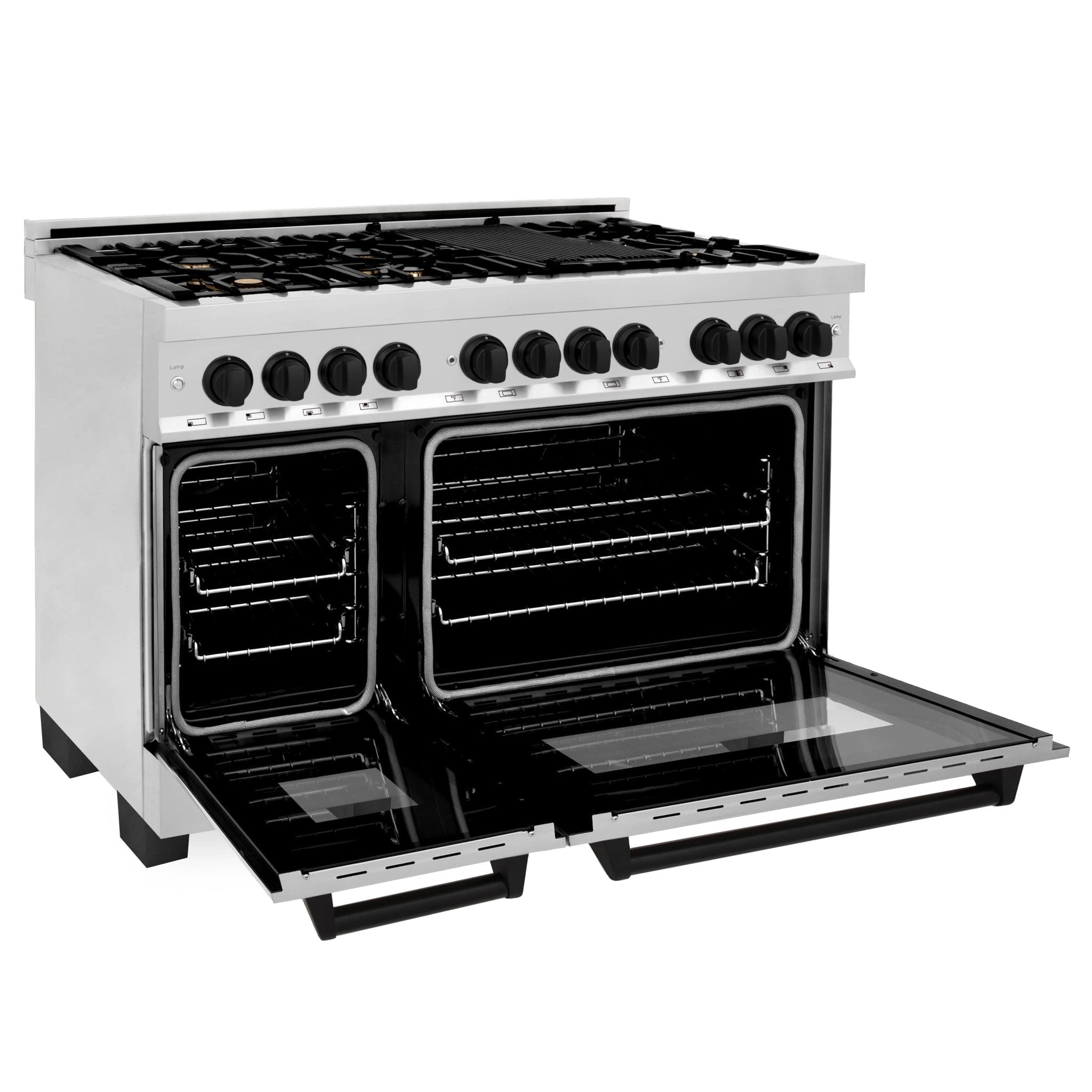 48-inch range with open dual ovens and black oven racks