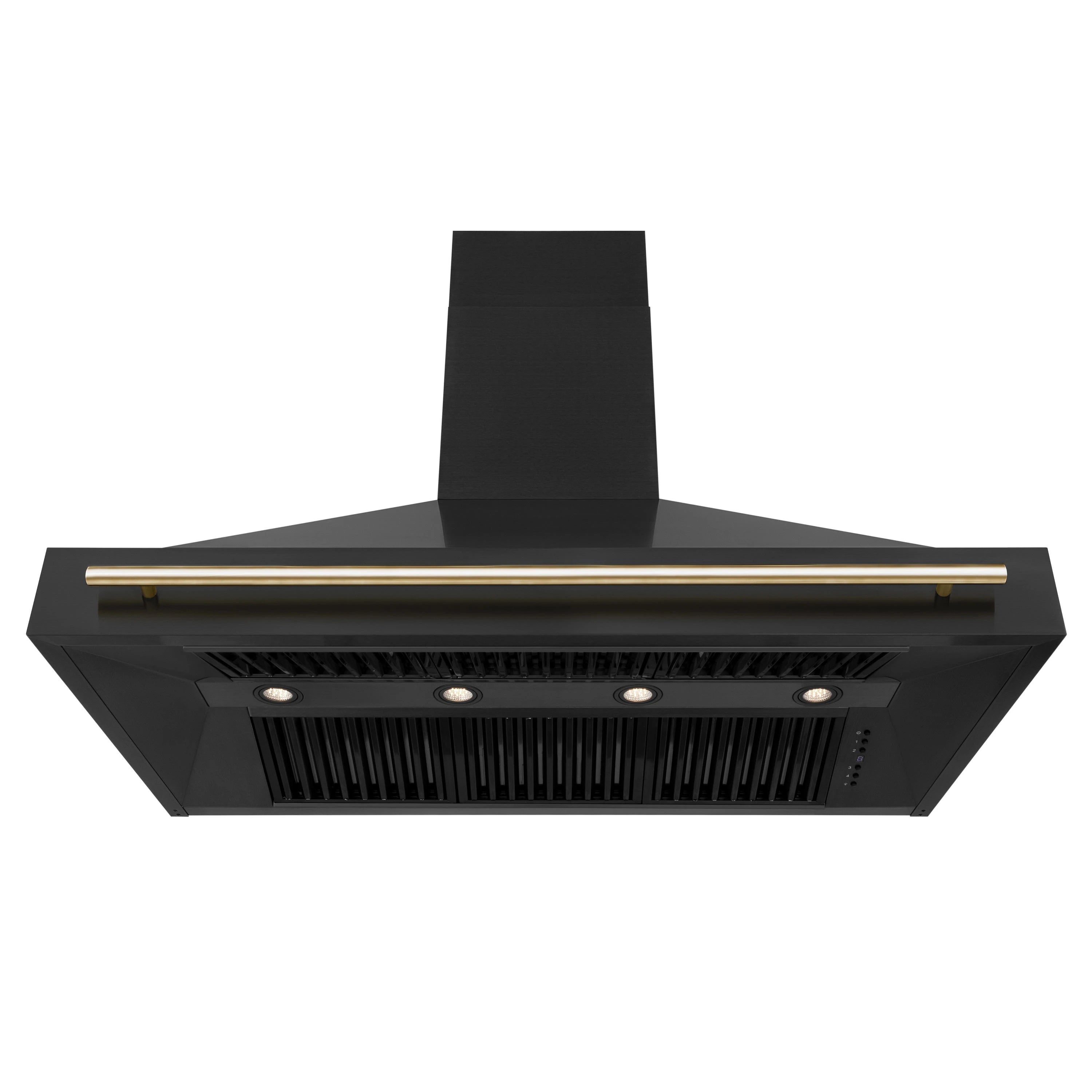Black wall range hood with long gold bar and multiple recessed LED lights