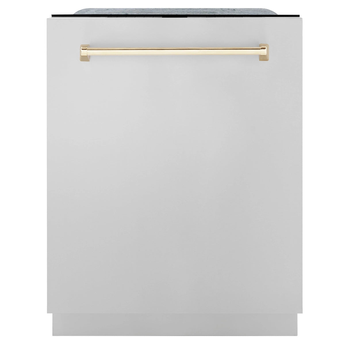 White dishwasher door with long gold-toned handle and top control panel